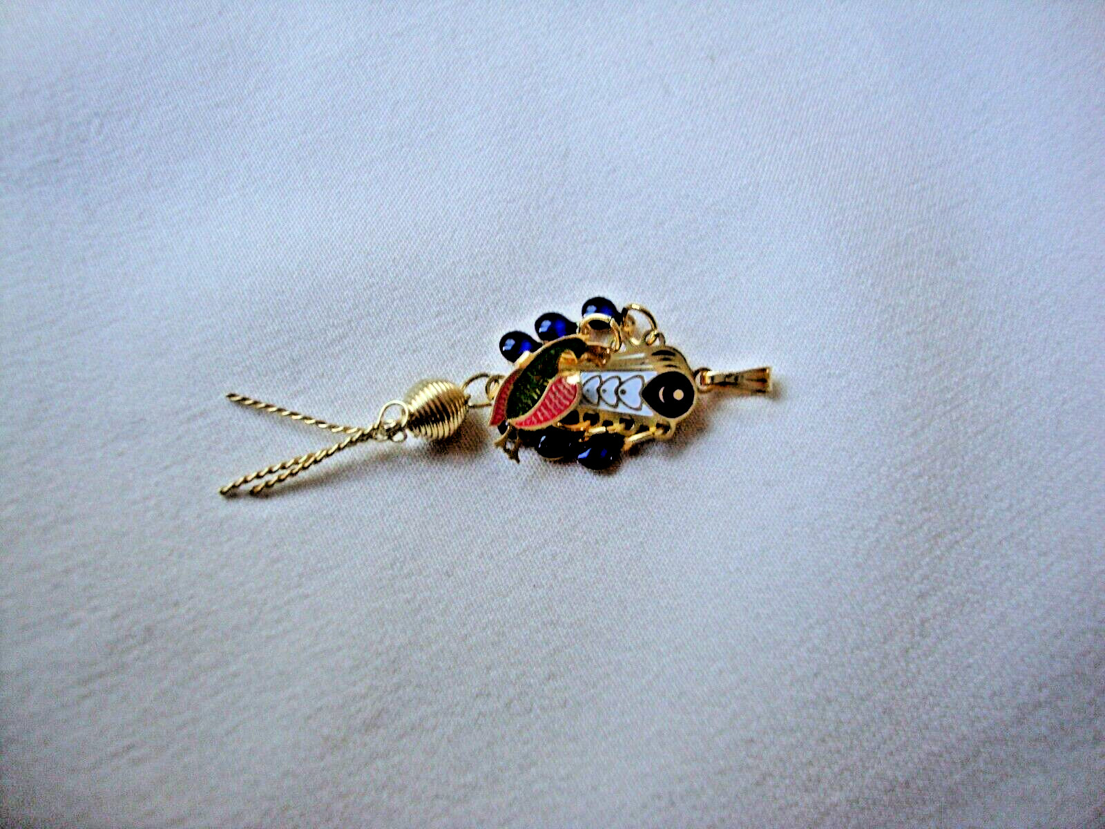 Vintage Folding Peacock Fan Green Red Blue & White Enamel Gold Filled Pendant