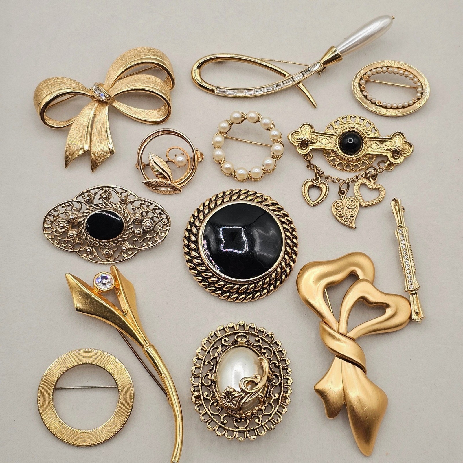 Gold Tone Brooch Lot 13pc Gold Tone Faux Pearl Enamel Rhinestone Avon Monet Pins