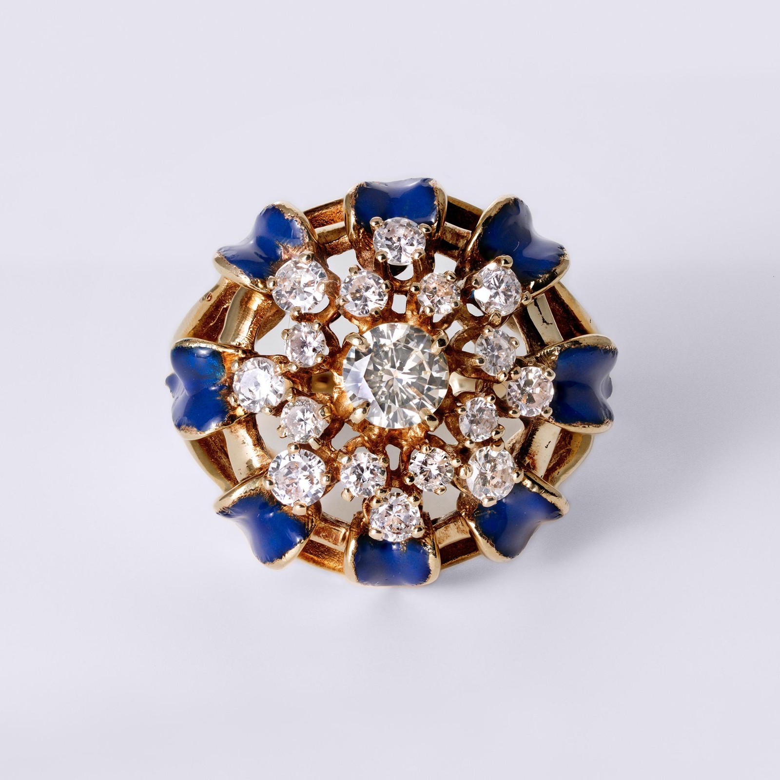 Vintage Mid-Century Royal Blue Enamel & Diamond Bombè Cocktail Ring