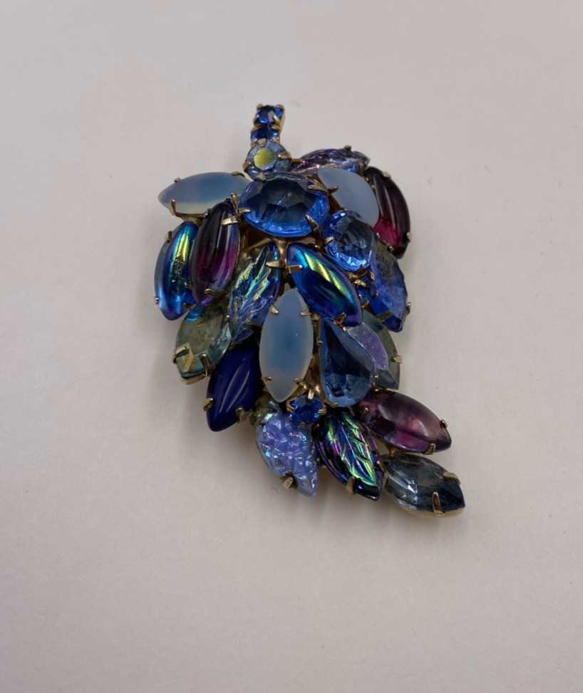 Vintage Blue and Purple Rhinestone 2.5″ Goldtone Brooch