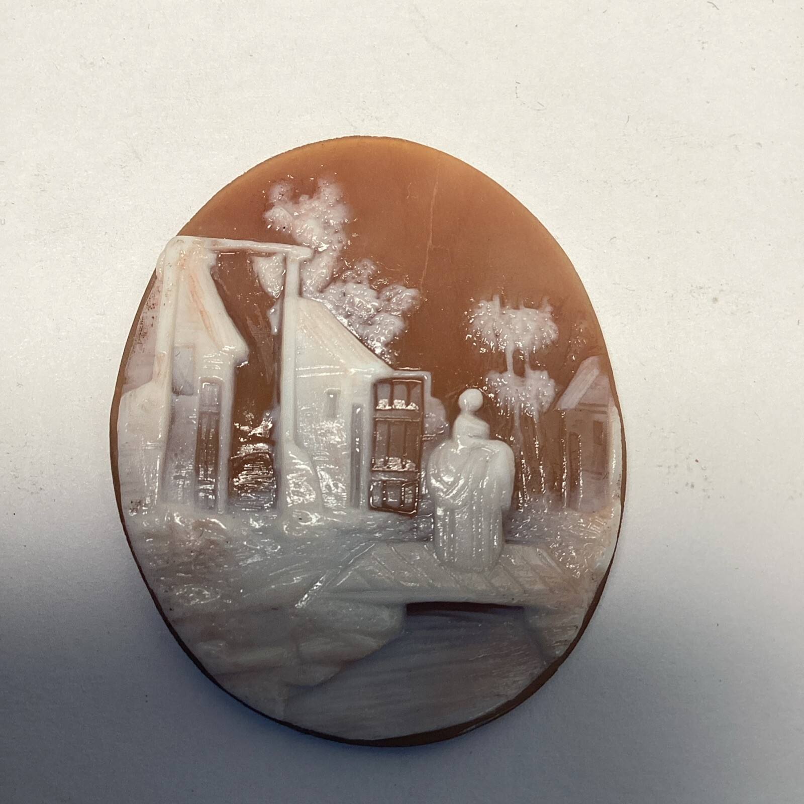 ANTIQUE CARVED SHELL CAMEO, WOMAN WALKING ON BRIDGE, WITH BUILDINGS 41/33mm #131