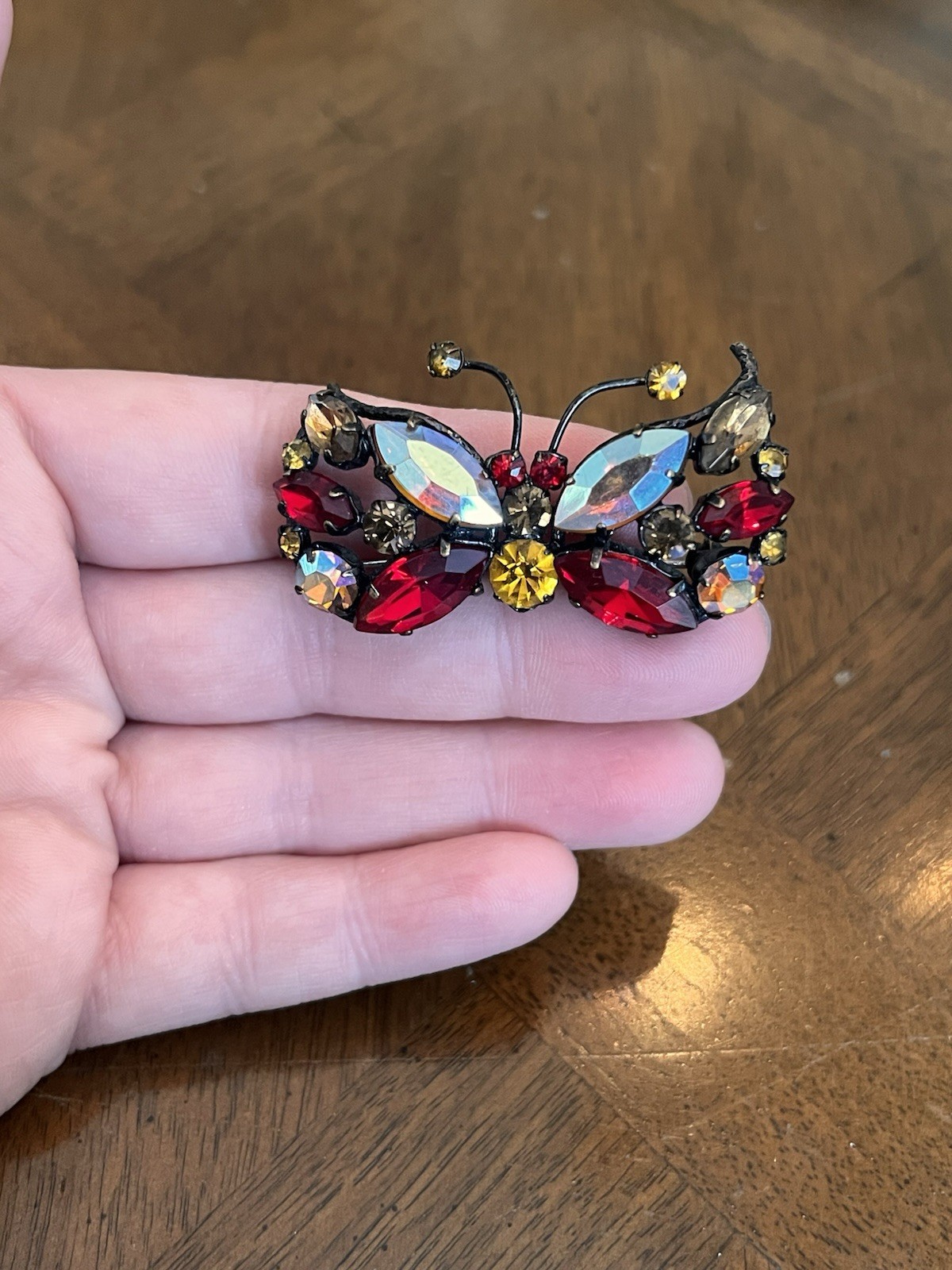 Vintage Mid-Century Red & Yellow & AB Rhinestone Butterfly Brooch Japanned Metal