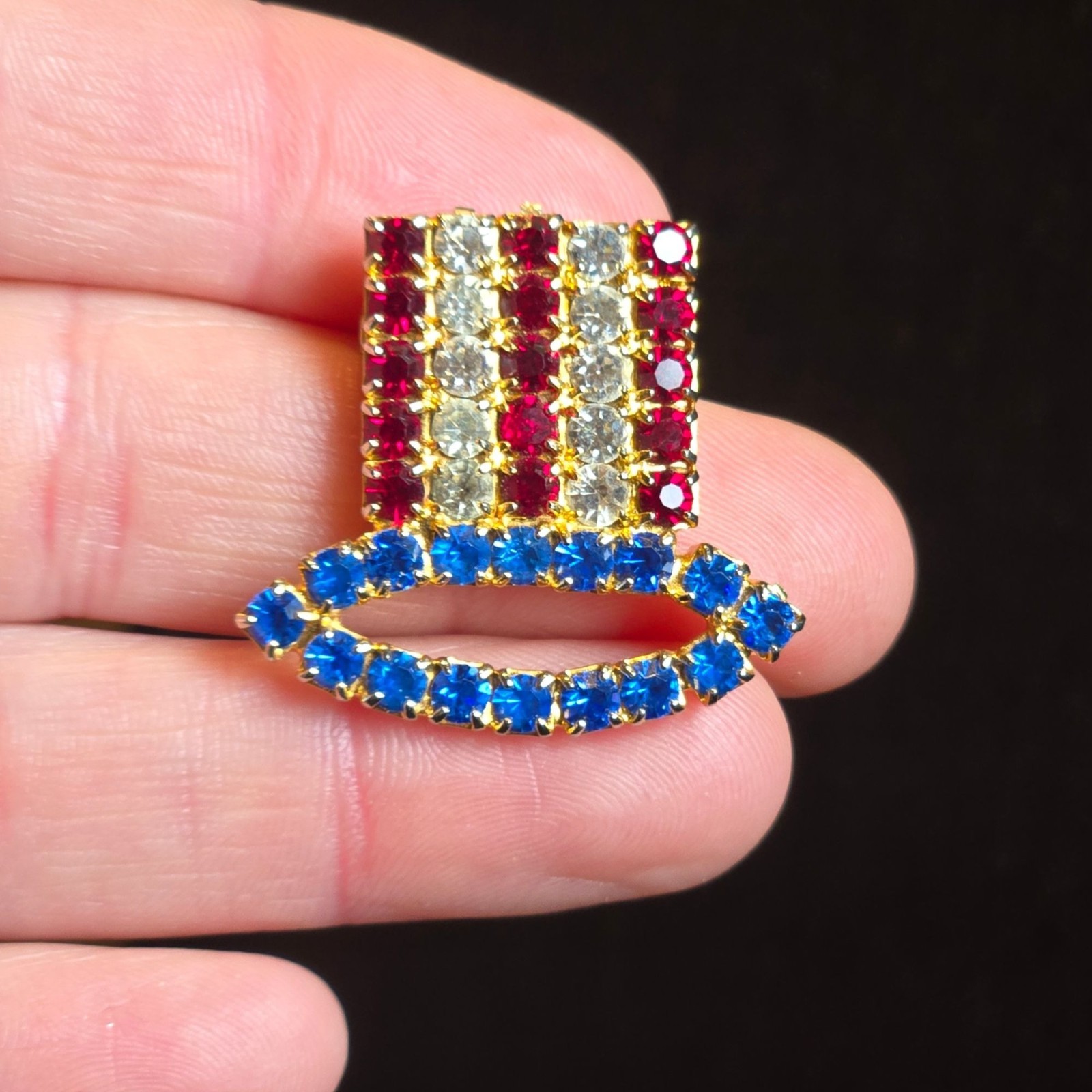 VTG Uncle Sam Hat Patriotic Brooch Red White Blue Glass Rhinestones Jewelry USA