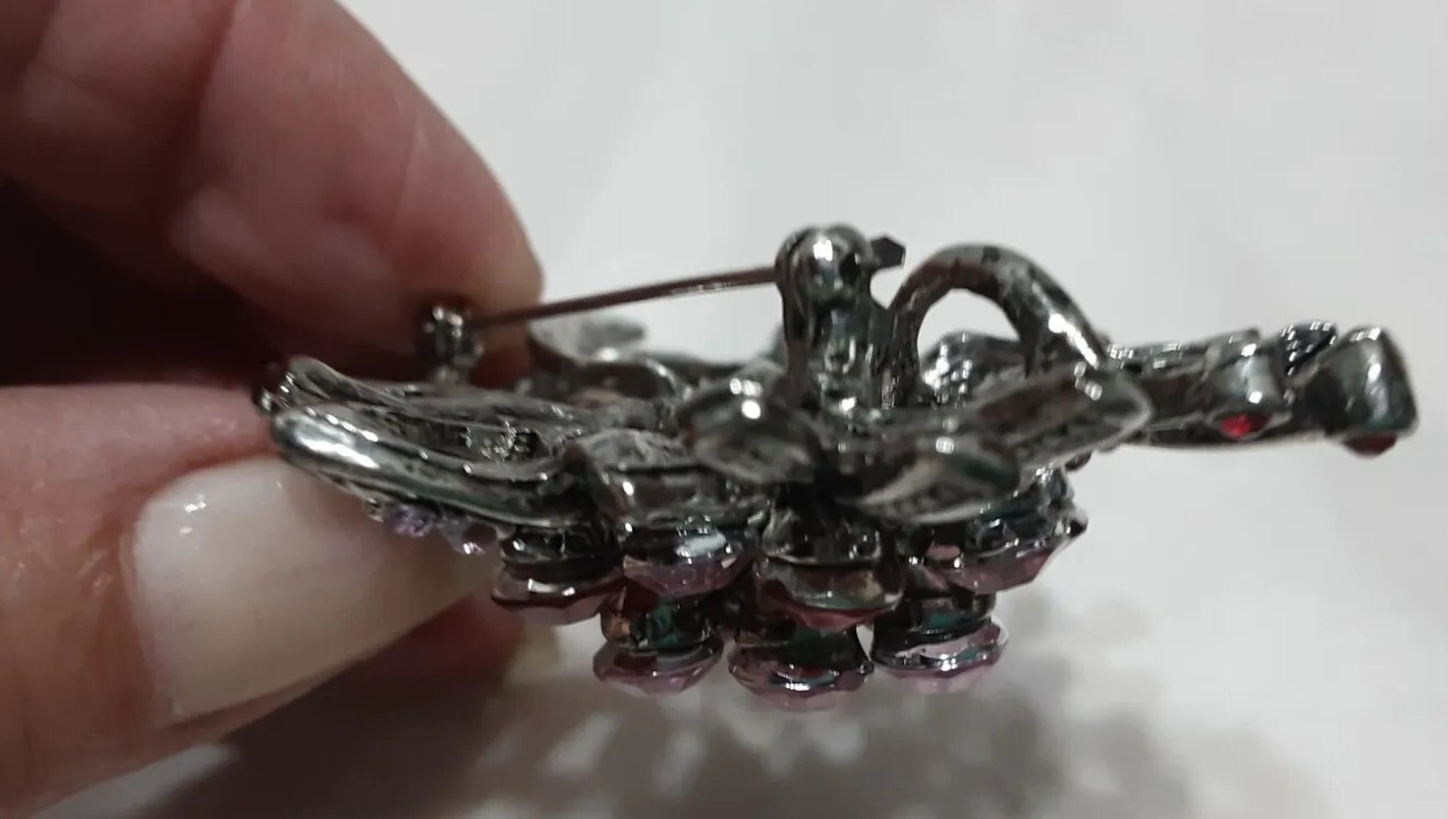 Brooch Pendent Silver Tone Gunmetal Pink Lite Dark Rhinestone Big Flower Bouquet