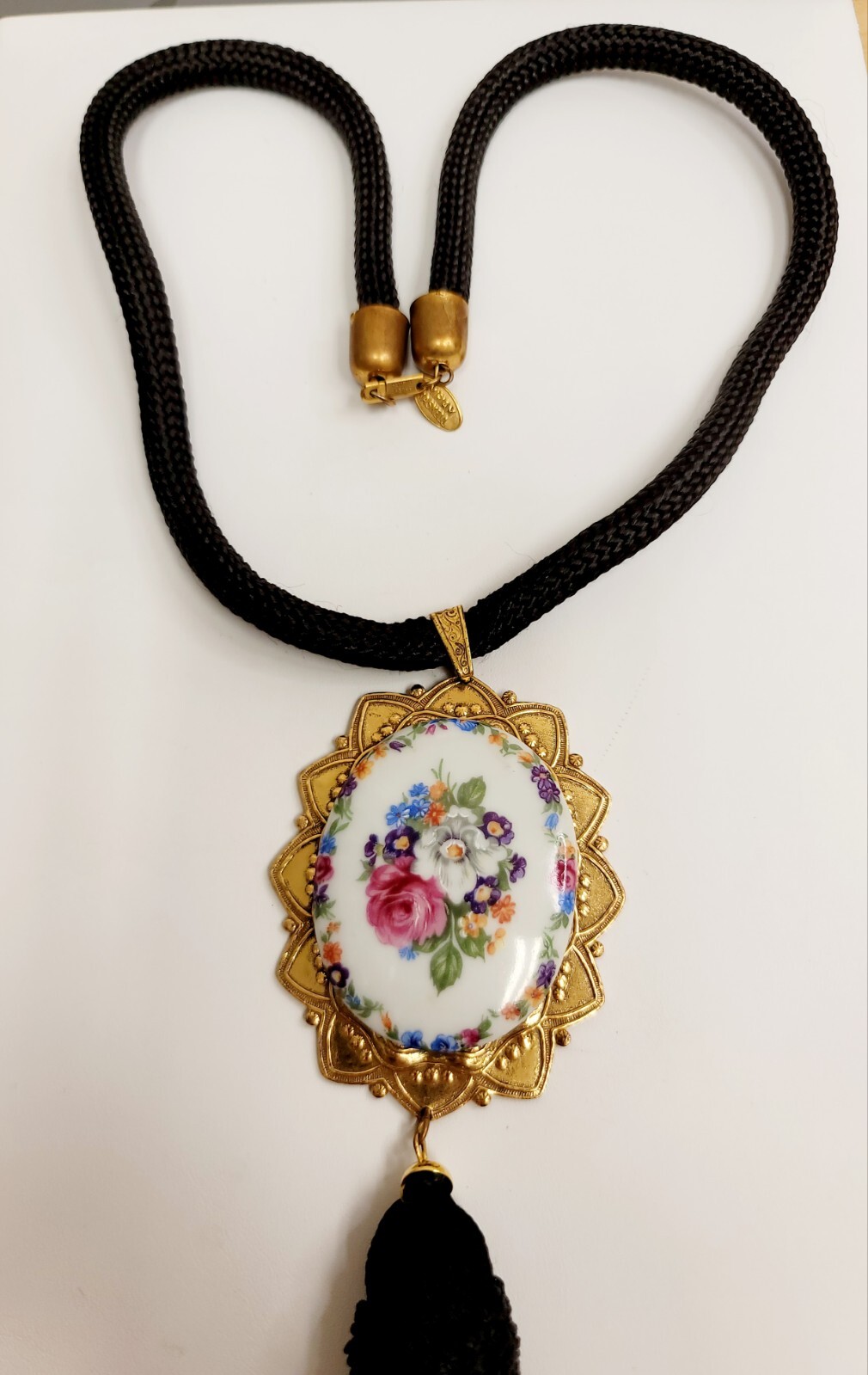 Vintage Miriam Haskell Necklace Large Floral Pendant On Black Cord With Tassel