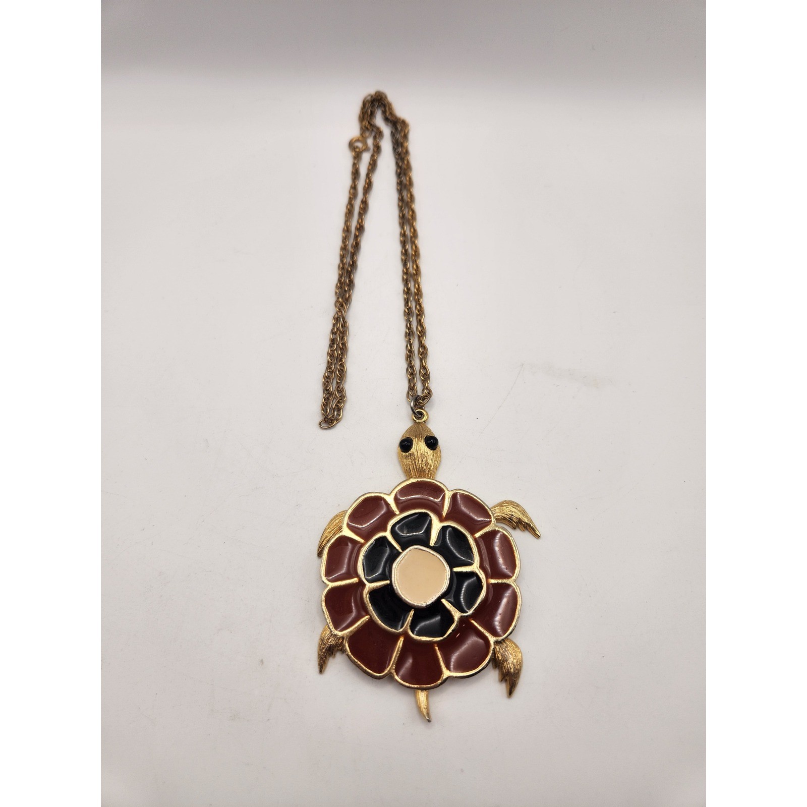 Vintage Gold Tone Enamel Turtle Pendant Necklace Red Black Large Statement Retro