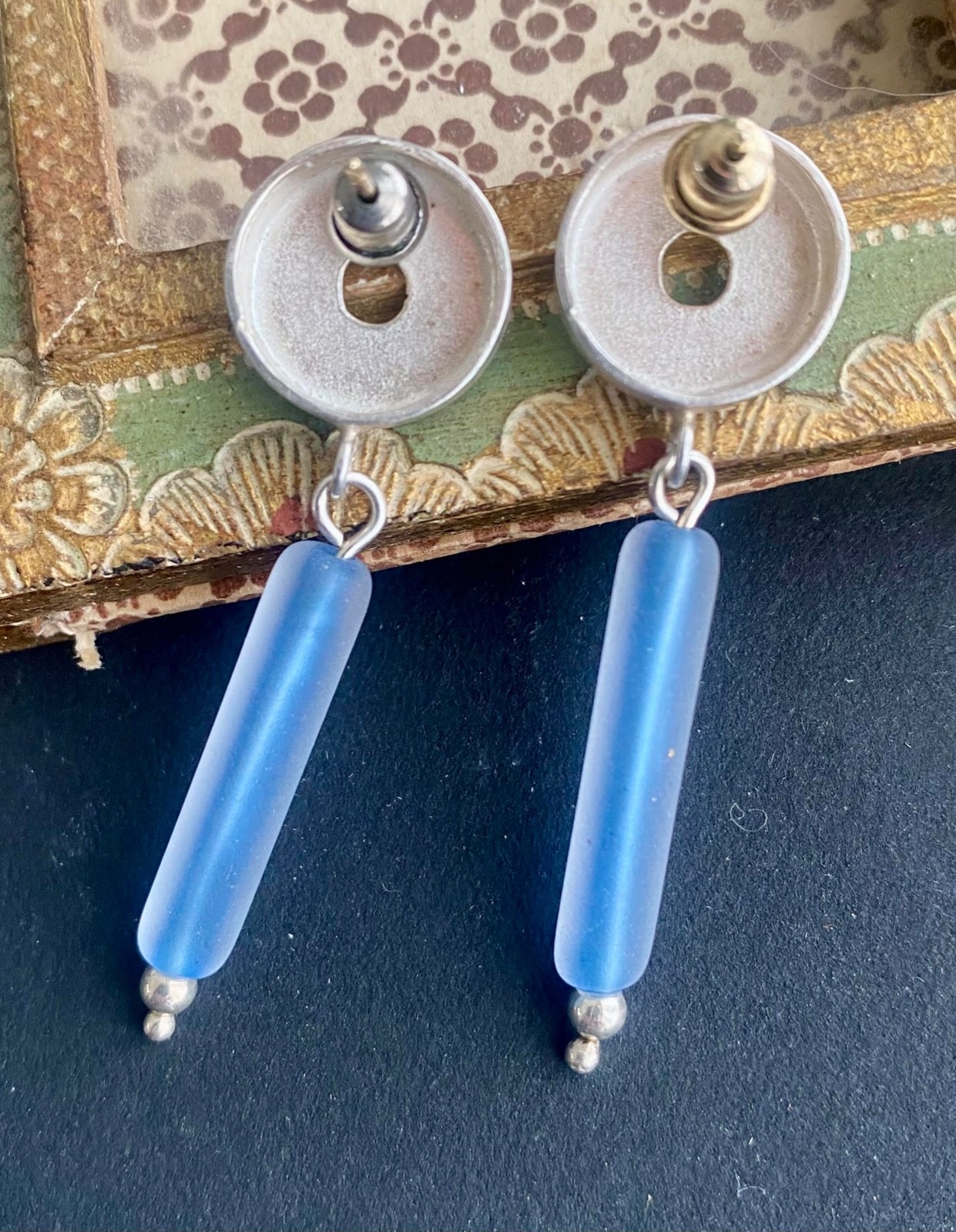 VTG 80s Handmade Sterling Silver Circle Earrings Frosted Blue Glass RISD Artisan