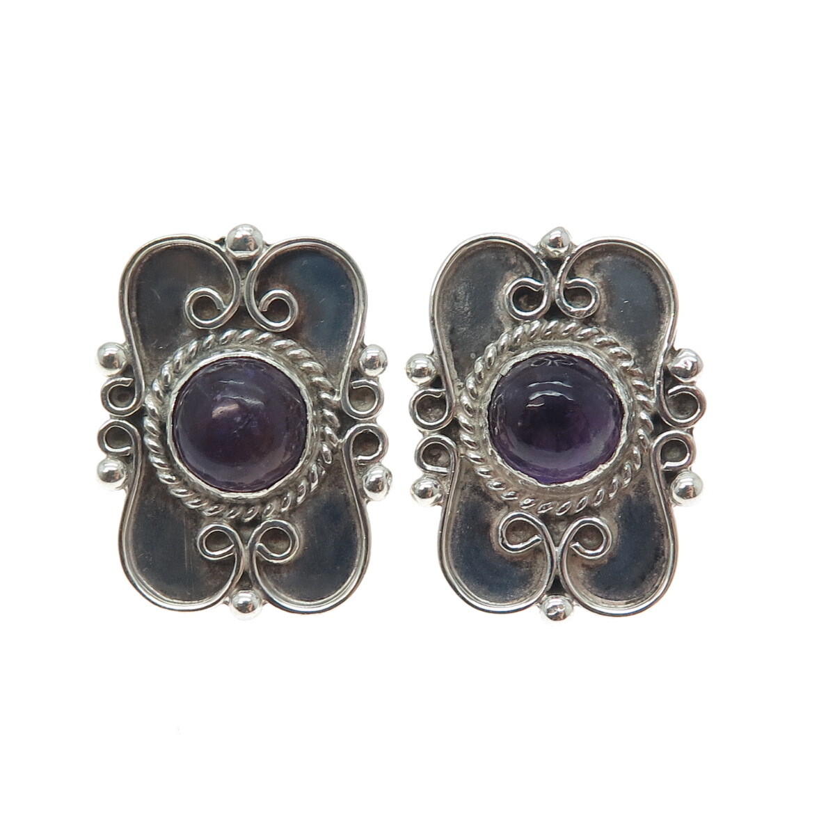 980 Silver Vintage Mexico Real Amethyst Modernist Oxidized Earrings