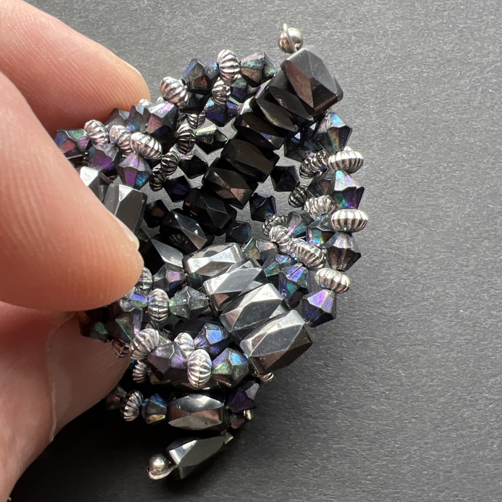 Iridescent Magnetite Wrap Bracelet Purple Blue Silver Tone Vintage Adjustable
