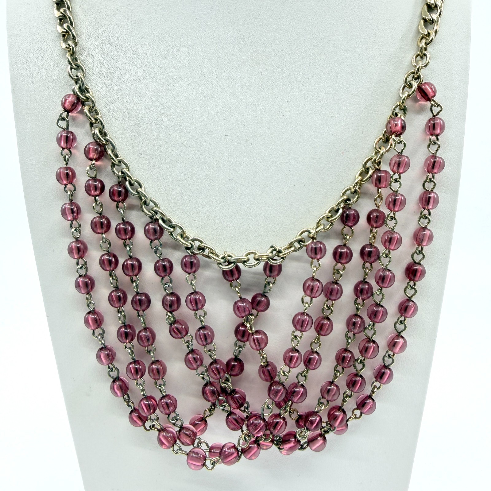 Necklace Vintage Gold Tone Pink Purple Bead Multi Strand Draped Statement Boho