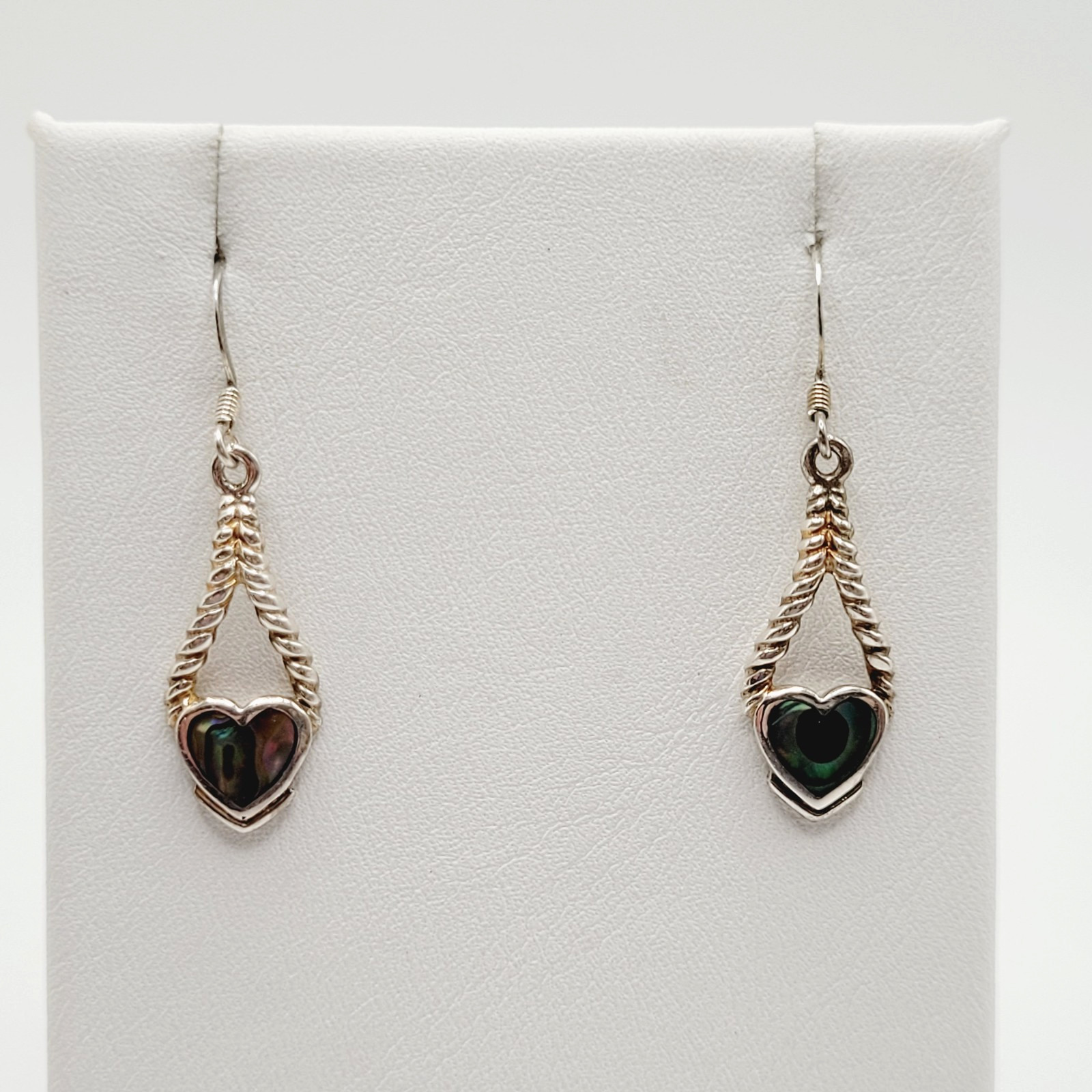 Heart Twisted Open Metal Paua Shell Inlay Sterling 925 MC Hook Pierced Earrings