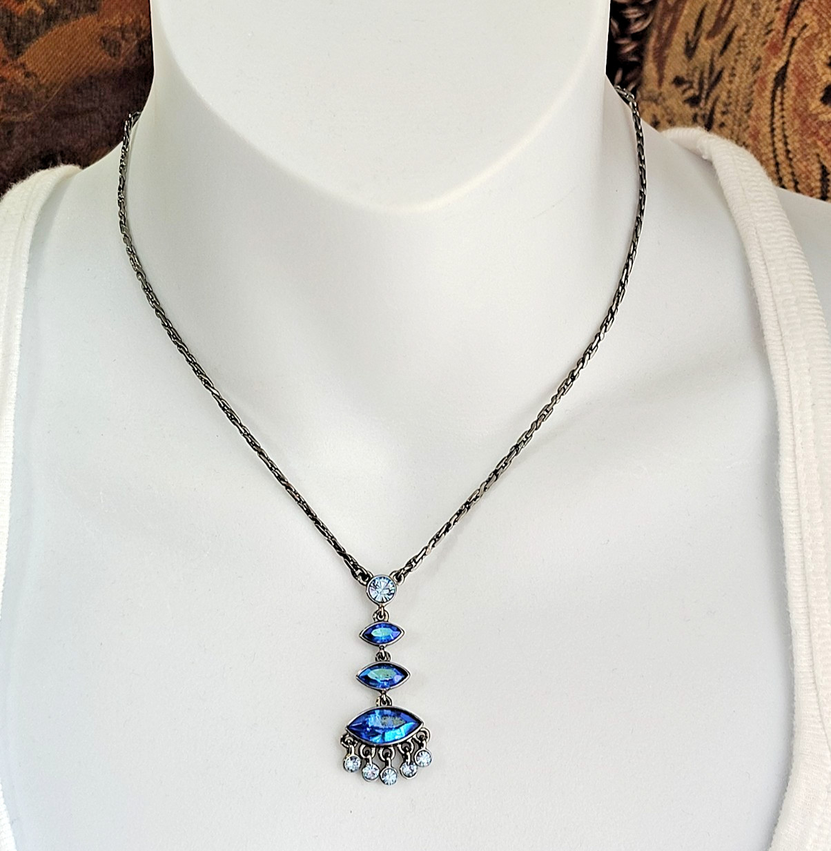 Vintage GIVENCHY Y-Drop Gunmetal & Blue Crystal Rhinestone Necklace 15″ – 17″