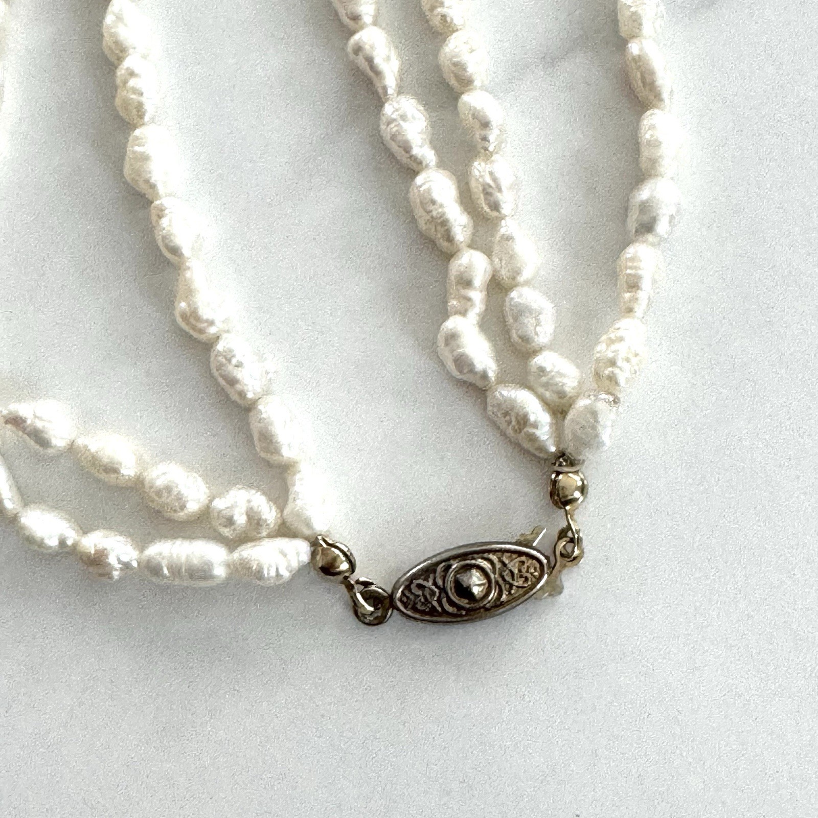 VTG 24.5” 3 Strand Freshwater Pearl Necklace Baroque Rice Pearls Ornate Clasp