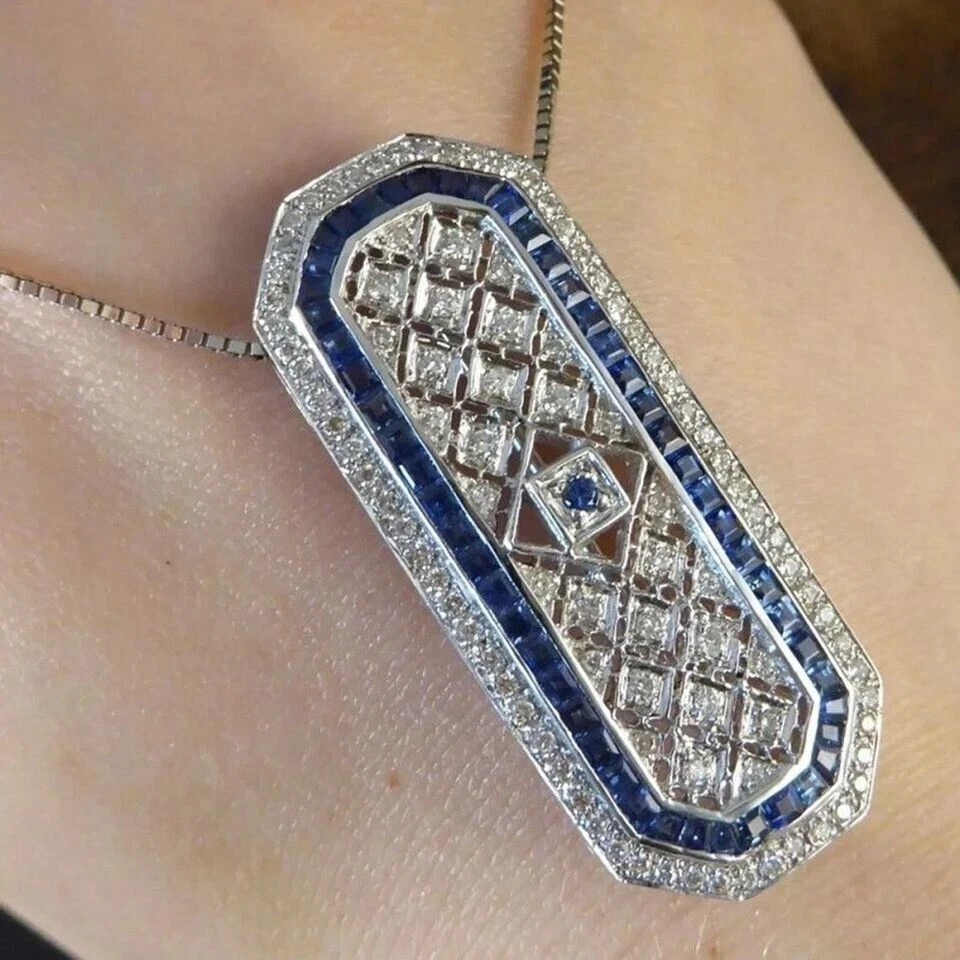 Art Deco Style Lab Created Diamond & Sapphire Wedding 14K White Gold FN Pendant
