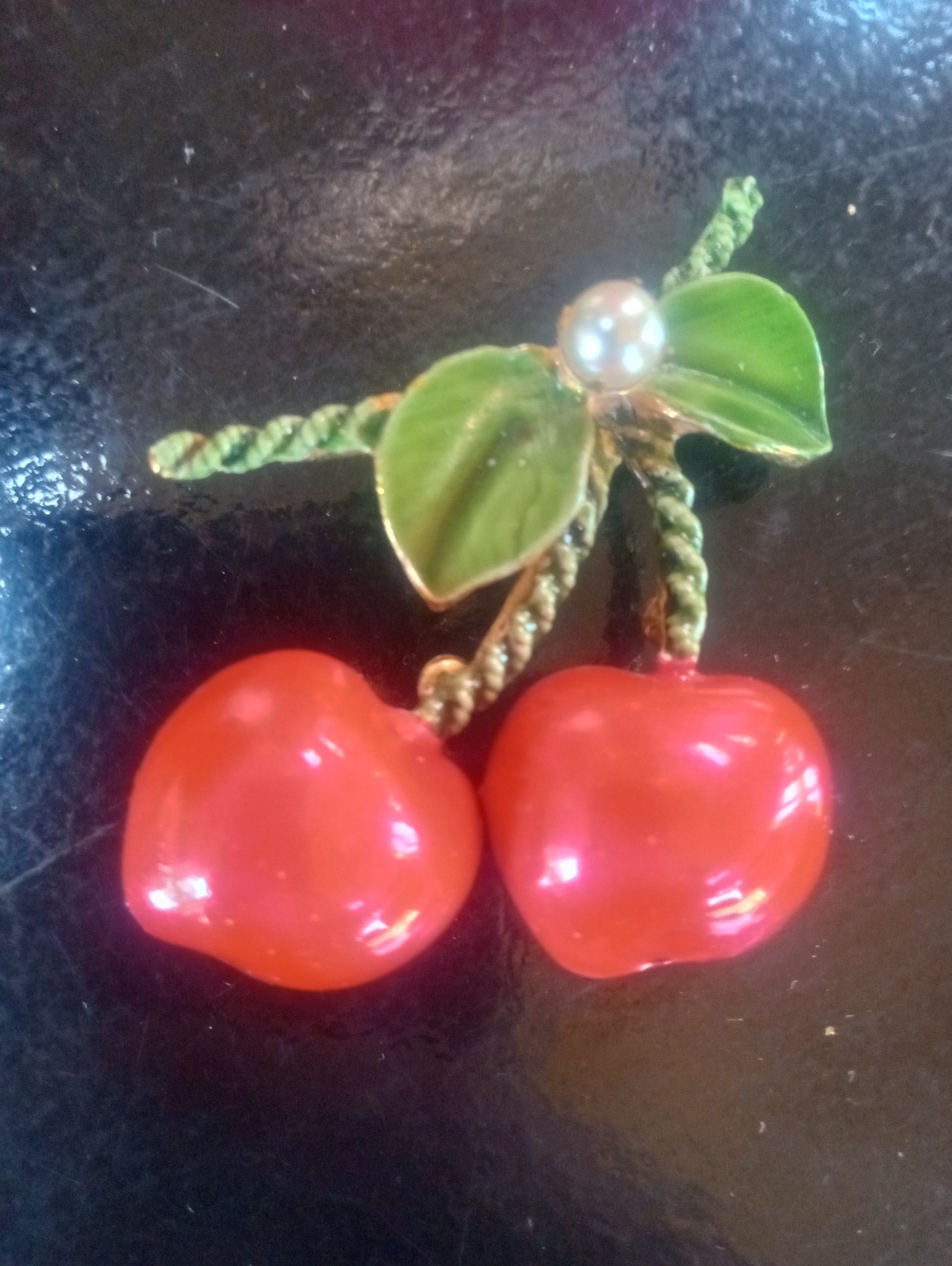 Vintage 60s Original by Robert Kitschy Enamel Cherries Brooch Pin Red Pearl Leaf