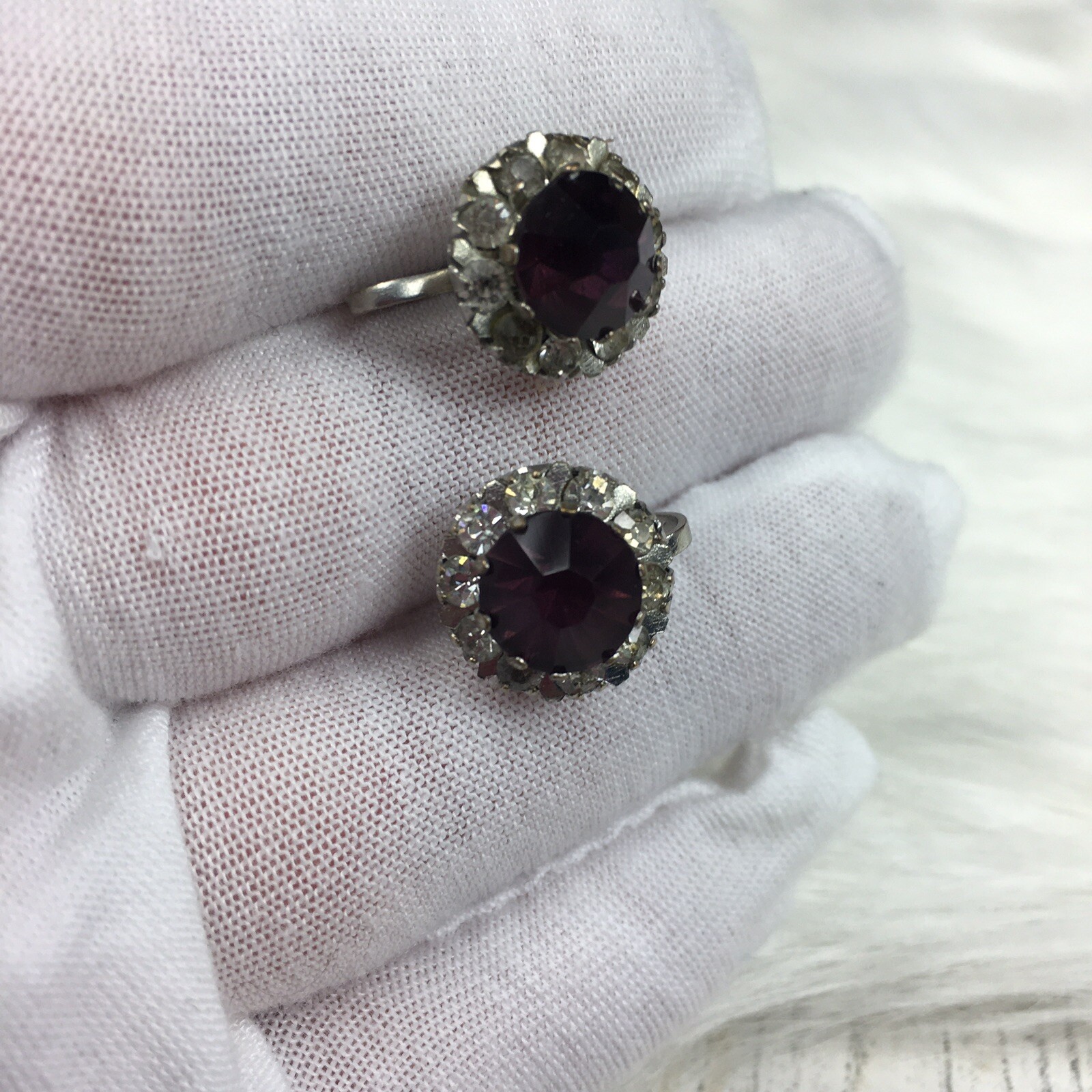 Vintage Purple & Clear Glass Rhinestone Screw Back Earrings