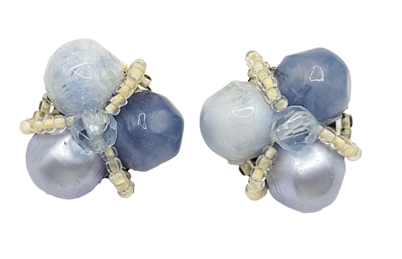 Blue Tones Lucite and Seed Bead Cluster Clip On Earrings 1950s 1960s W Germany