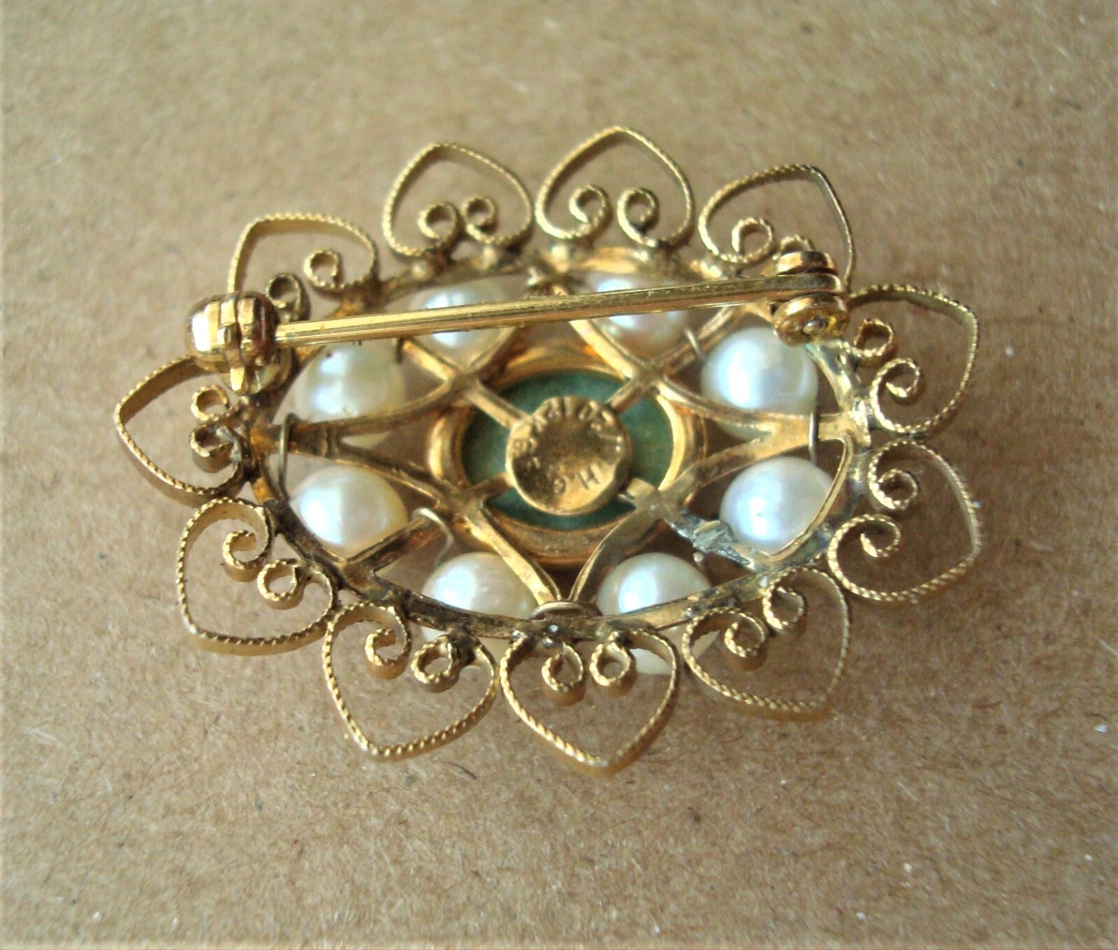 VINTAGE FAUX PEARL-JADE, FILIGREE BROOCH PIN, 1/20 12K GF, 1 1/4″