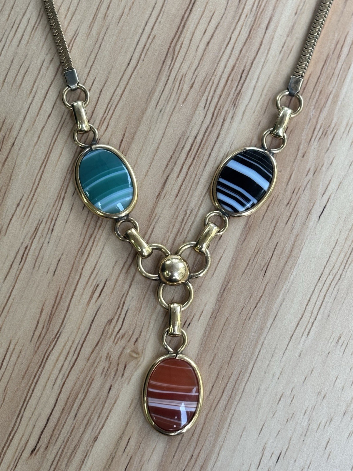 Vintage 12K Gold Filled Banded Agate Carnelian Y Drop Necklace 16”