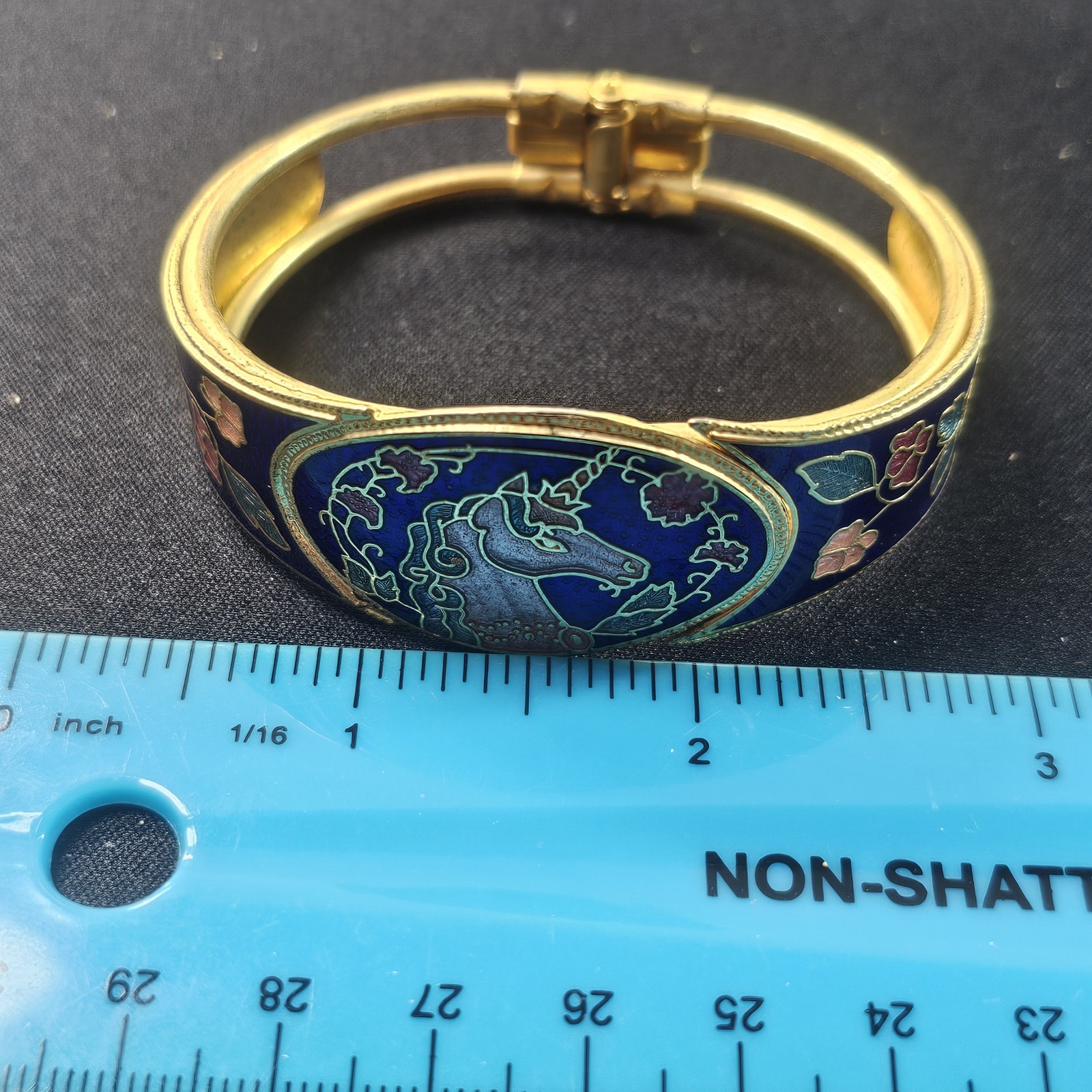 Vintage Unicorn Cloisonne Enamel Cuff Bracelet Gold Tone Clamper Hinged/Butterfl