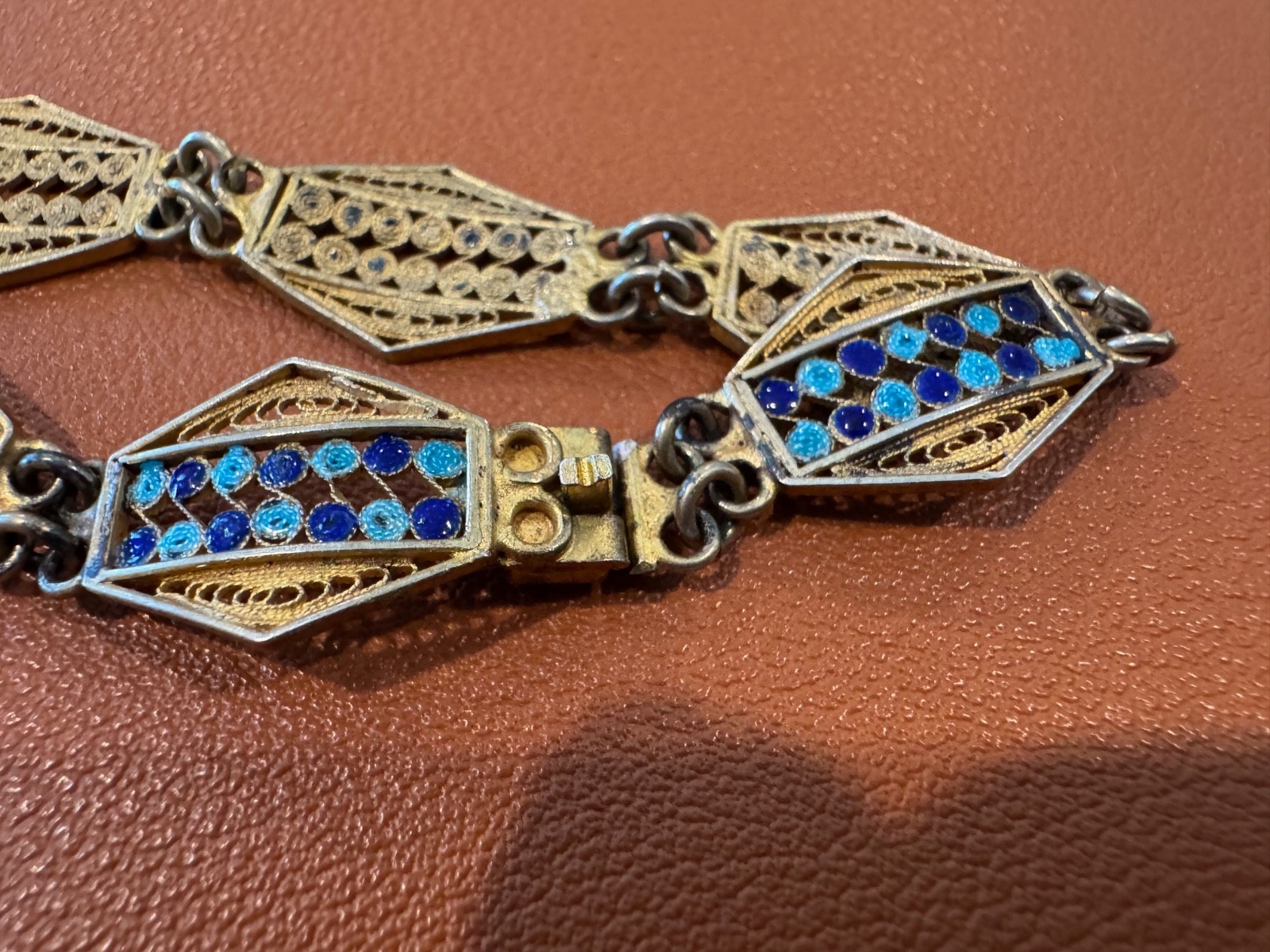 Vtg Antique 800 Silver Filigree Design Blue Enamel Bracelet w/ Gold Wash