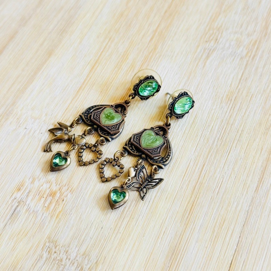 VTG Glass Works Studio Charm Earrings Crystal Enamel Heart Bird Victorian Style