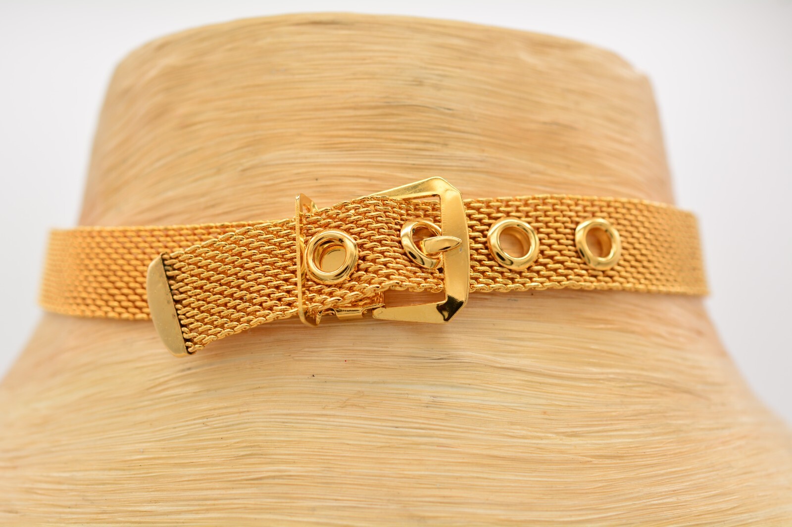 Vintage Choker Necklace Mesh Chain Belt Buckle Collar Gold Chunky 1/2″ 90s AS IS
