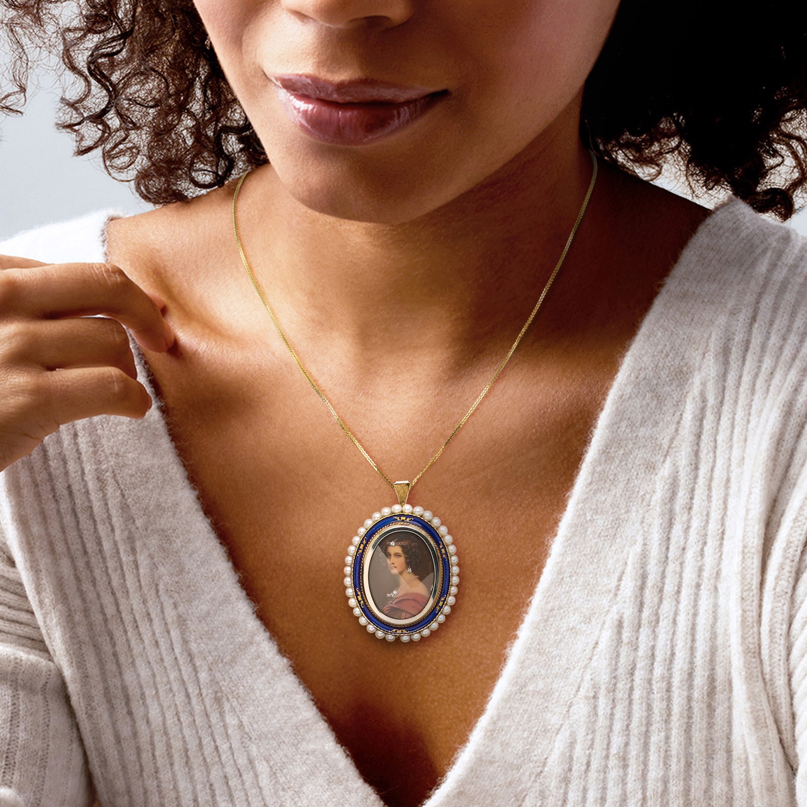 Vint Left-Facing Painted Portrait Pin/Pendant w Diamonds & 3.3mm Cult Pearls in