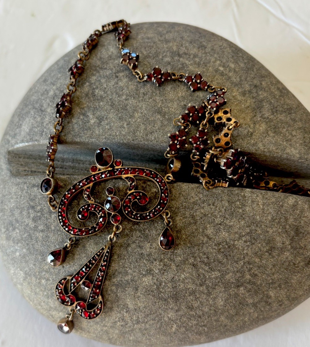 Antique Bohemian Garnet Festoon Drop Neclace Drape Bib Czech?