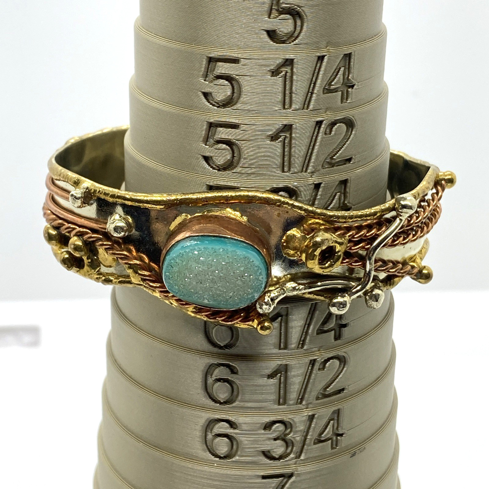 Lot 2 Artisan Brutalist 1″ Cuff Bracelets Silver-tone Brass Copper Natural Stone