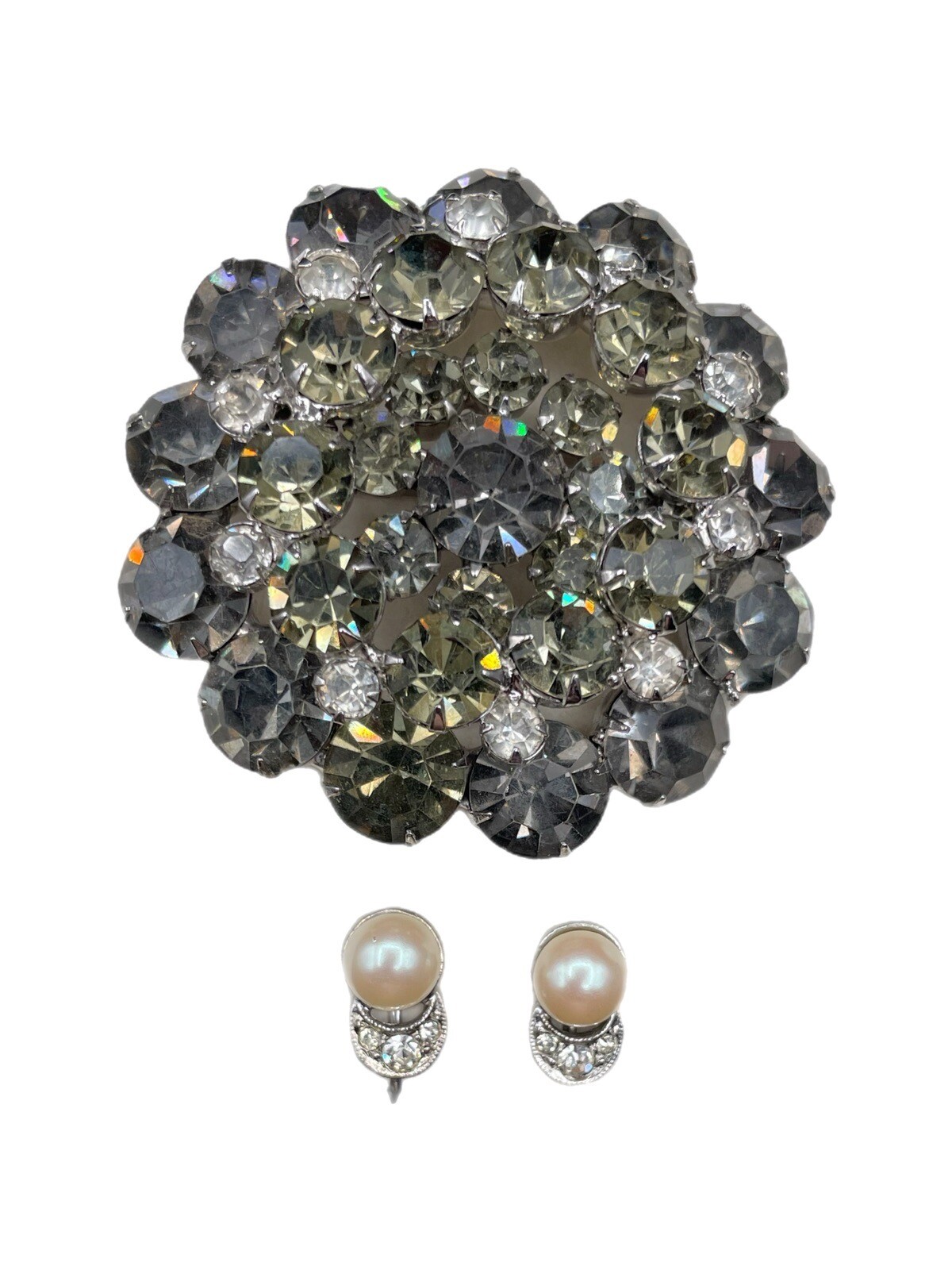 Vintage Pearl & Rhinestone Adjustable Clip-On Earrings & Gray Rhinestone Brooch