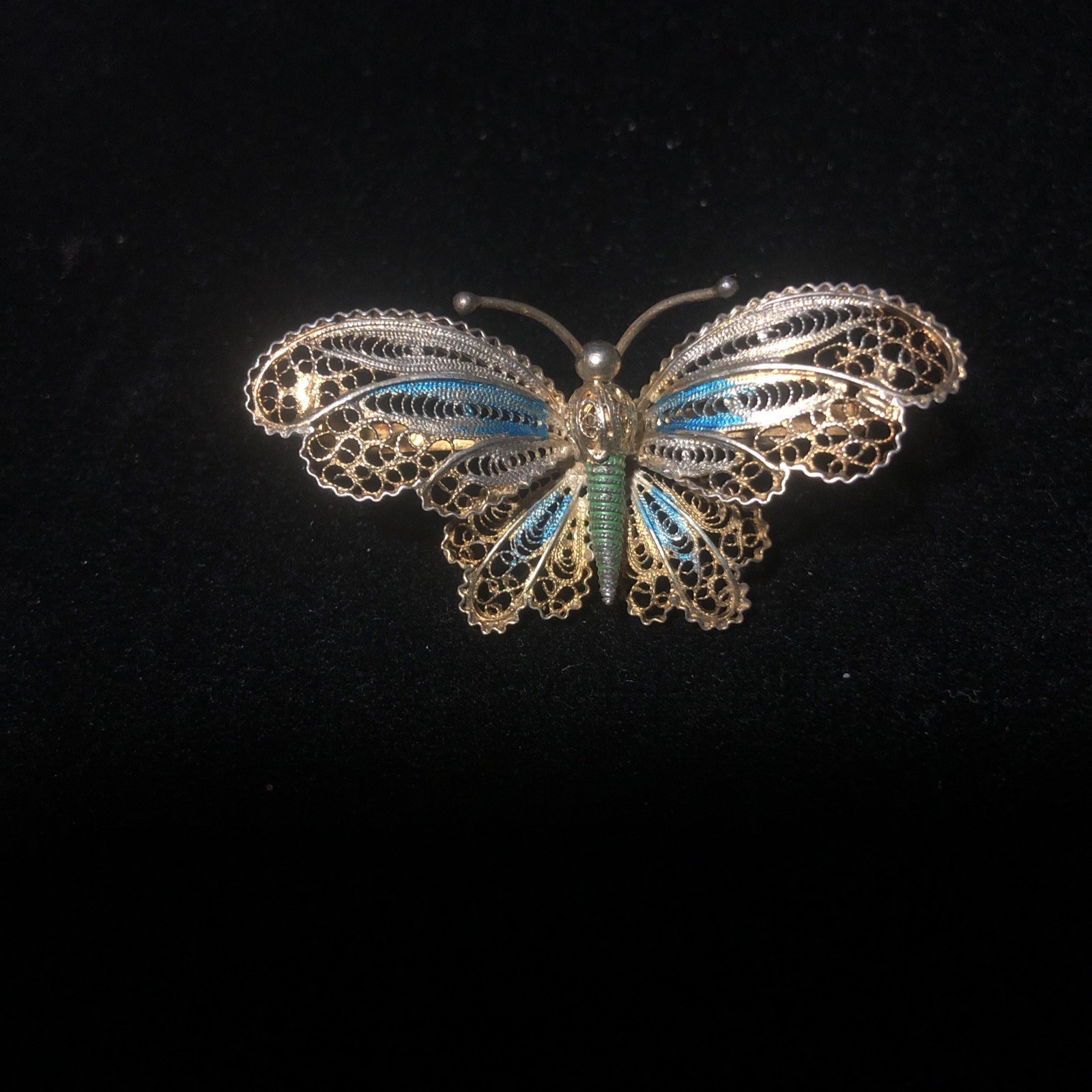 Vintage 800 Silver Gold Wash Filigree Enameled Butterfly Pin Brooch