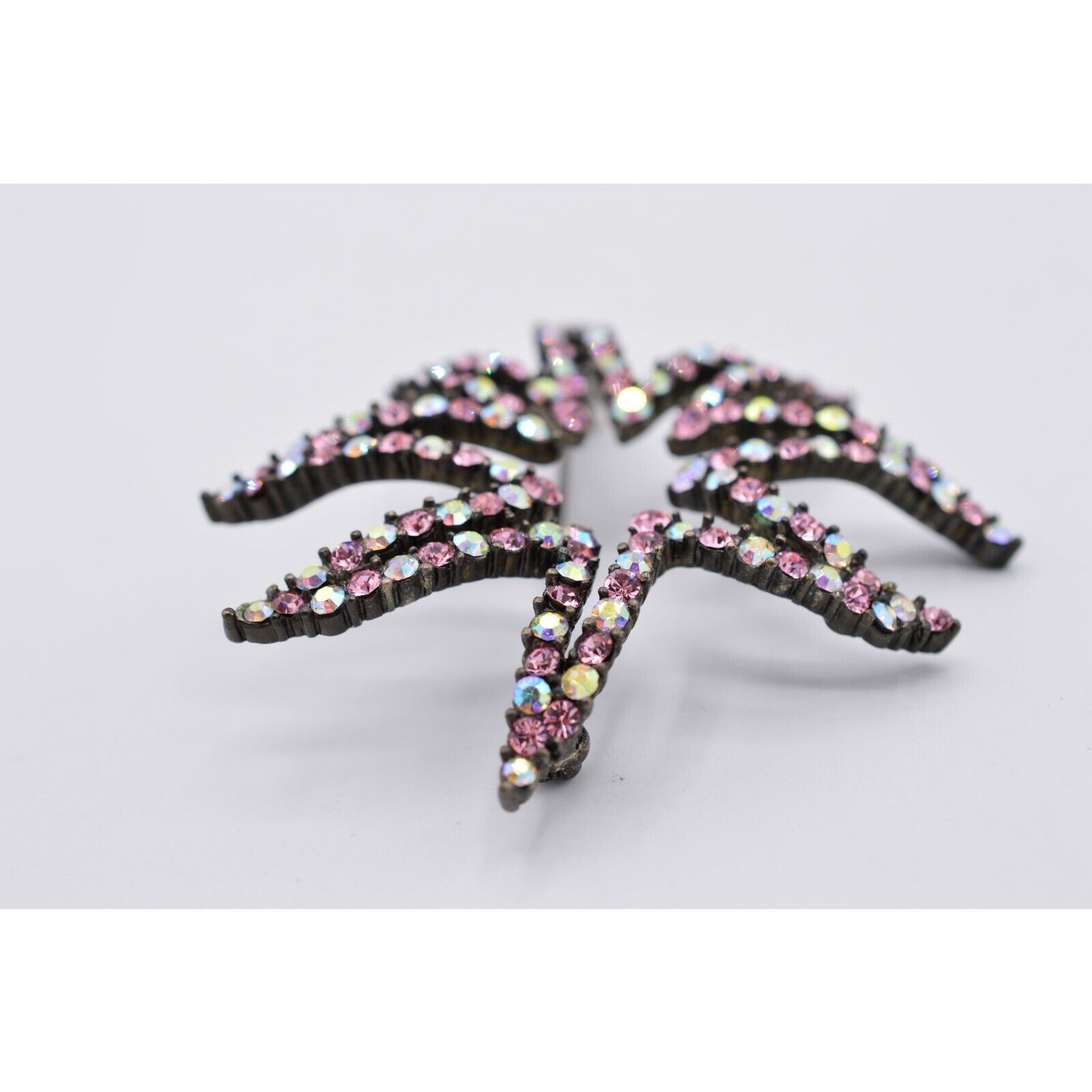 Givenchy Vintage Crystal Flower Star Pin Brooch AB Pink Gunmetal Signed 80s Bin8