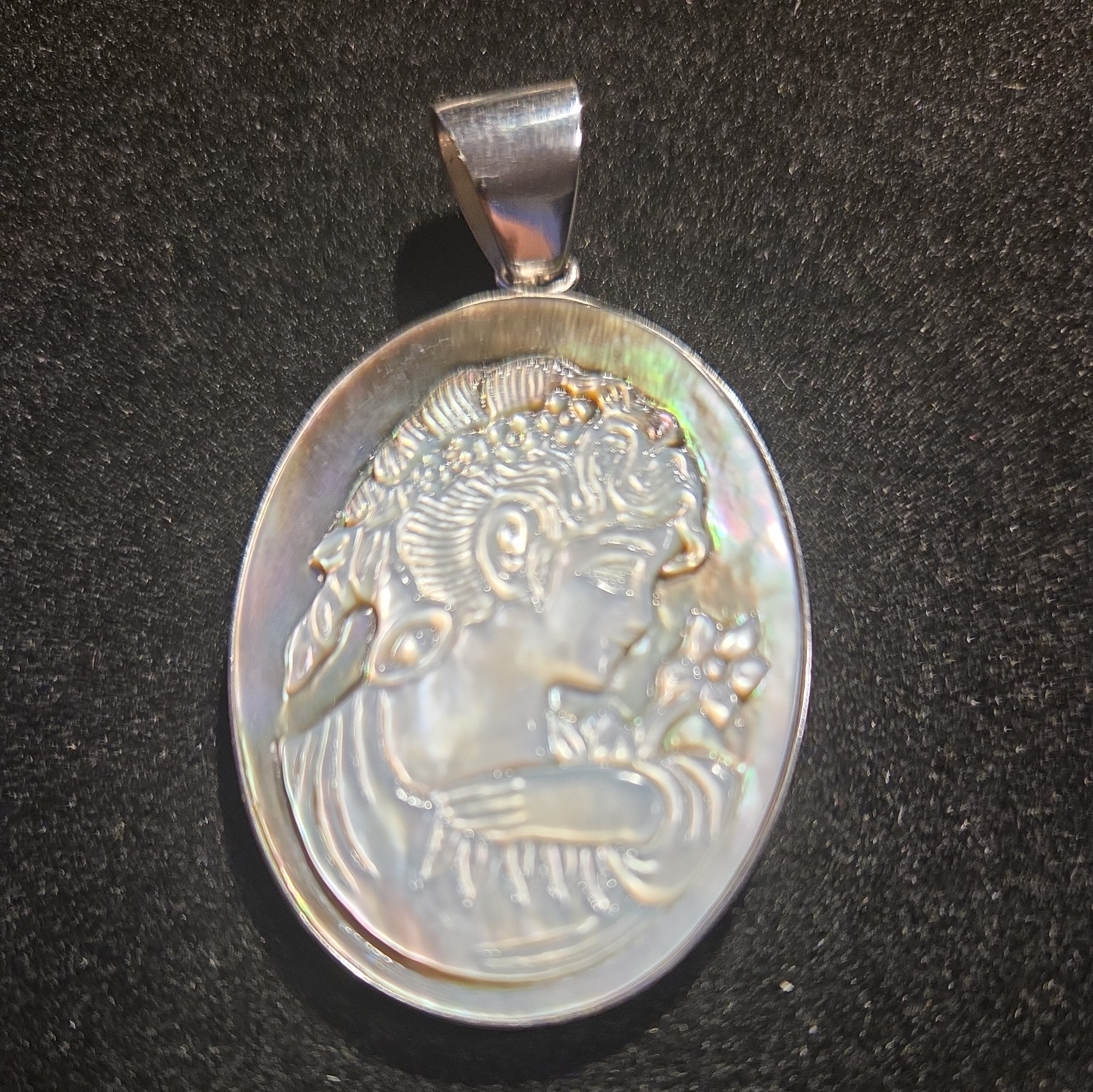 LS China Silver Tone Metal and Carved Abalone Shell Cameo Pendant 6.5g 2 Inches