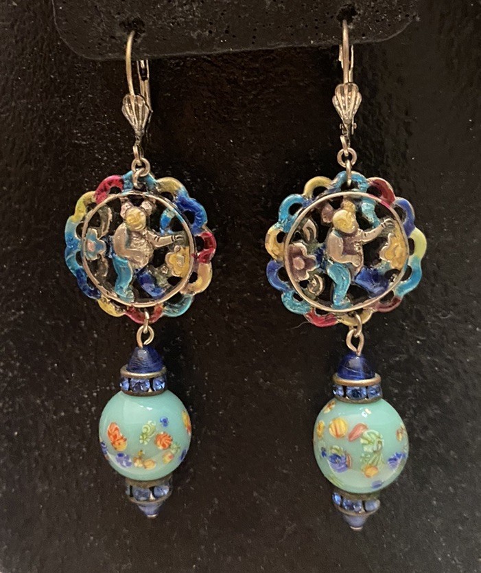 Vintage Asian Themed Colorful Ronde Bosse Enamel Art Glass Rhinestone Earrings
