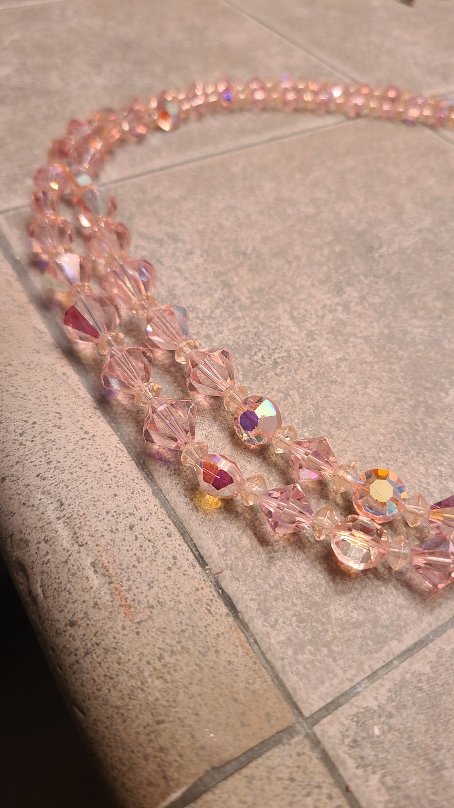 VINTAGE AB PINK w/ IRIDESCENT GLASS BEADS 2 STRAND NECKLACE APPROX 18″