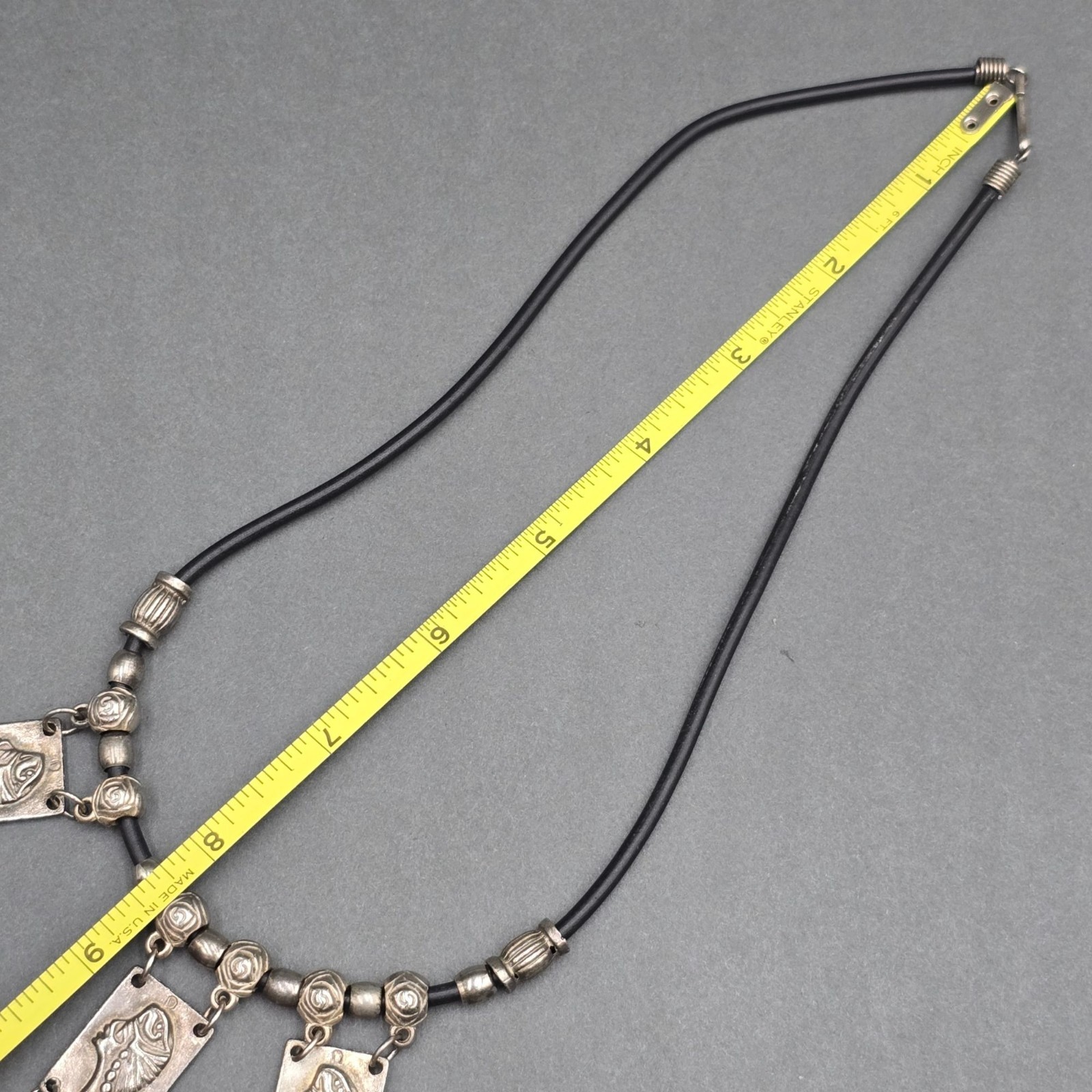 Vintage Tribal Panel Fringe Necklace Silver Tone Leather Cord Boho Statement