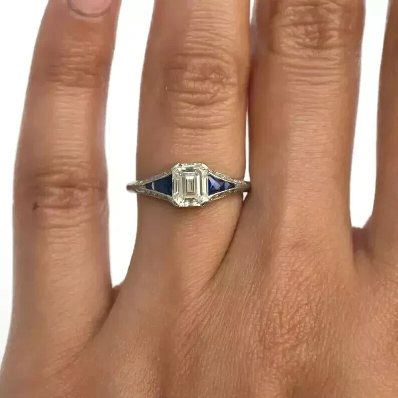 Art Deco Emerald Cut Lab Created Diamond Engagement Ring 14K White Gold FN