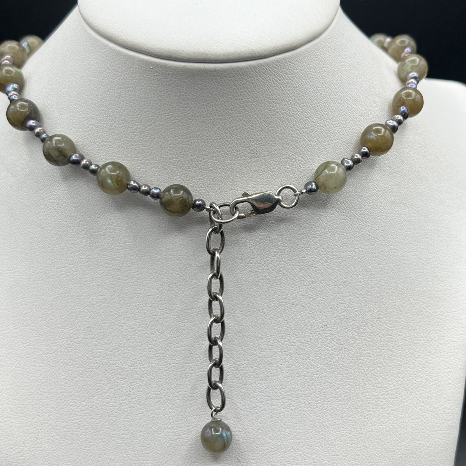 Vintage Green Stone & Purple Peacock Pearl Sterling Silver Pendant Necklace