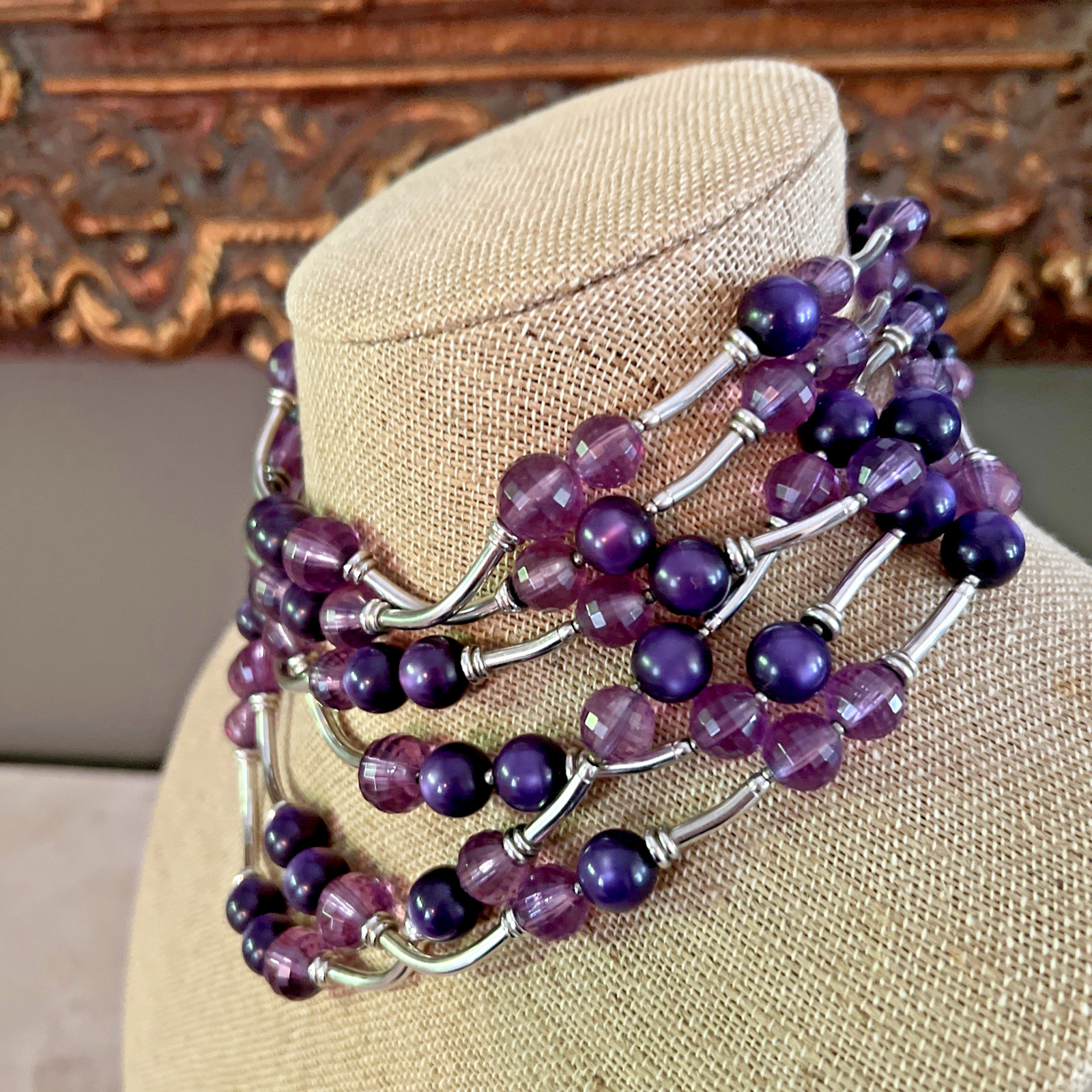 Vintage SIGNED DEMARIO AMETHYST & SILVER BEAD NECKLACE & EARRING SET / 6 STRAND