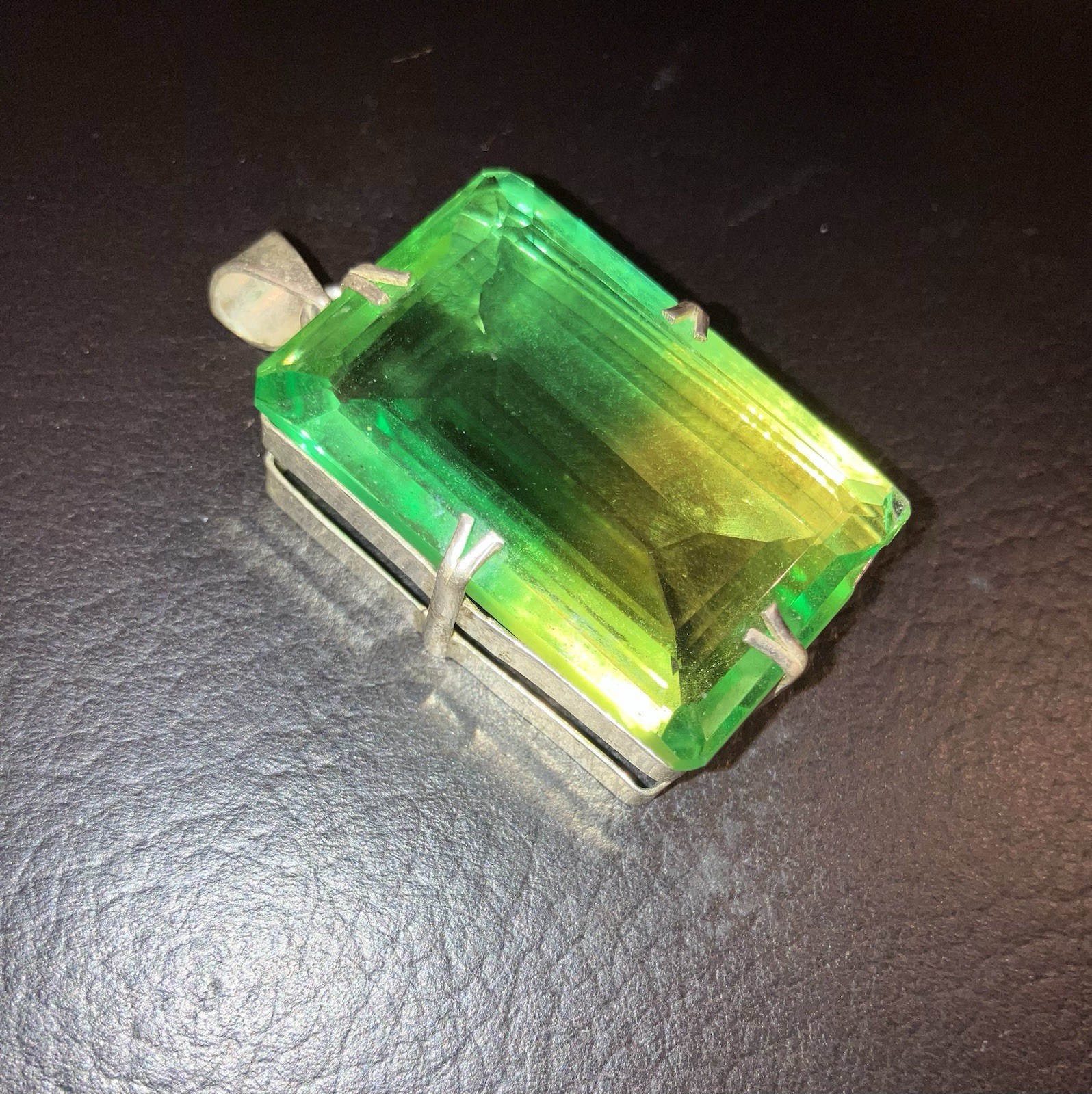 Large Square Faceted Green RS Necklace n Italy 925 Sterling Silver Chain/Setting