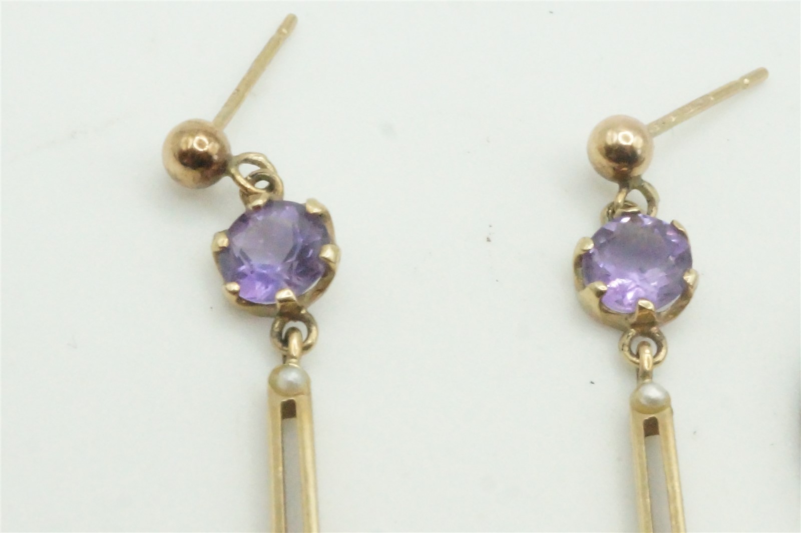 ANTIQUE ENGLISH 9 CARAT GOLD AMETHYST & PEARL DROP EARRINGS c1900