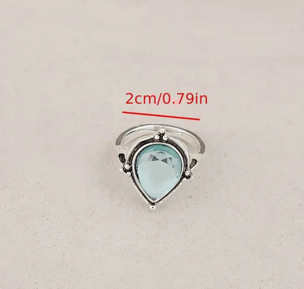 Vintage Inspired Silver Plated Ring Waterish Blue Green Gemstone Water Drop Sz9