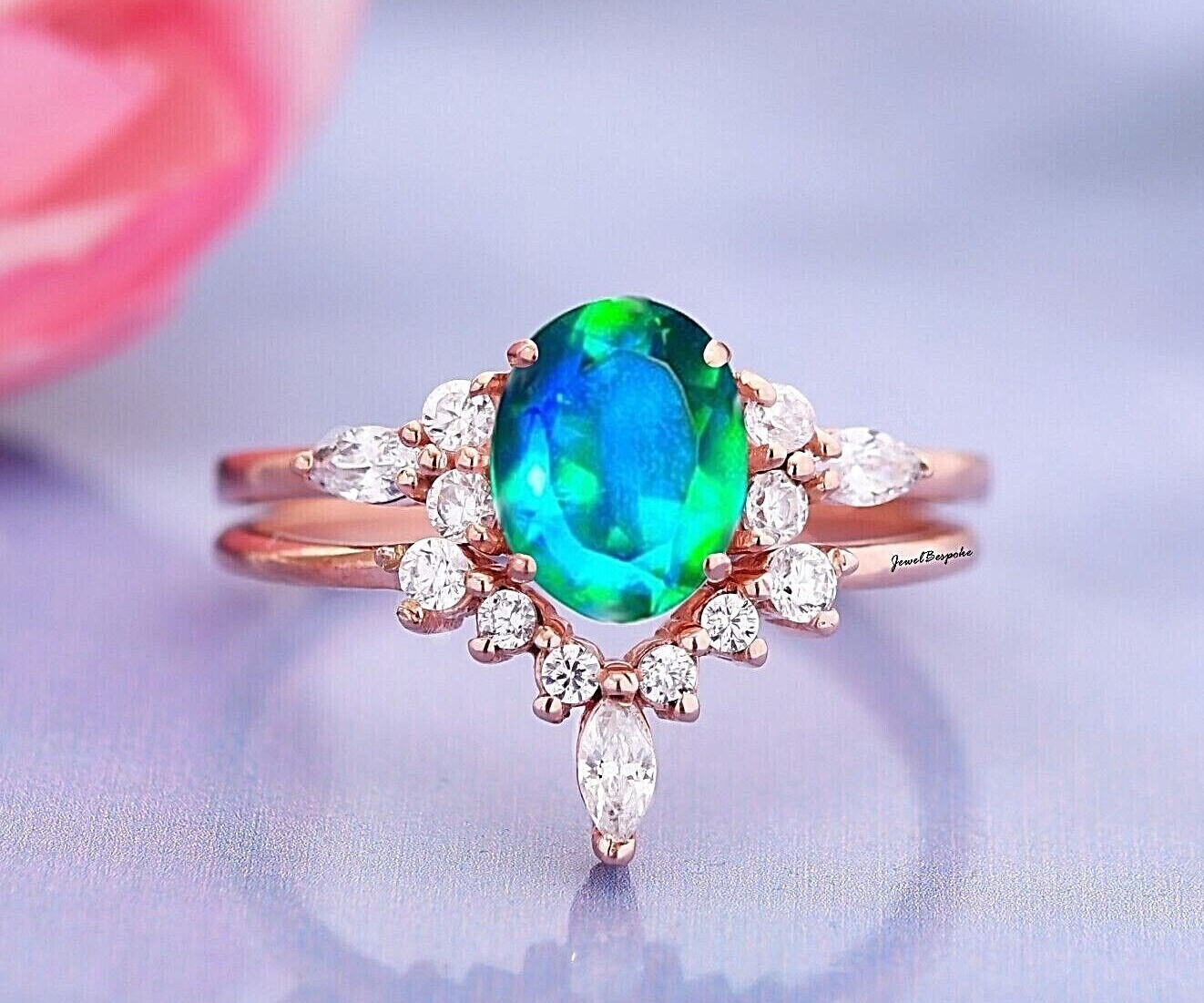 Oval Cut Peacock Quartz Engagement Ring Set 2 Pcs 14K Gold Plated Ring Gifts