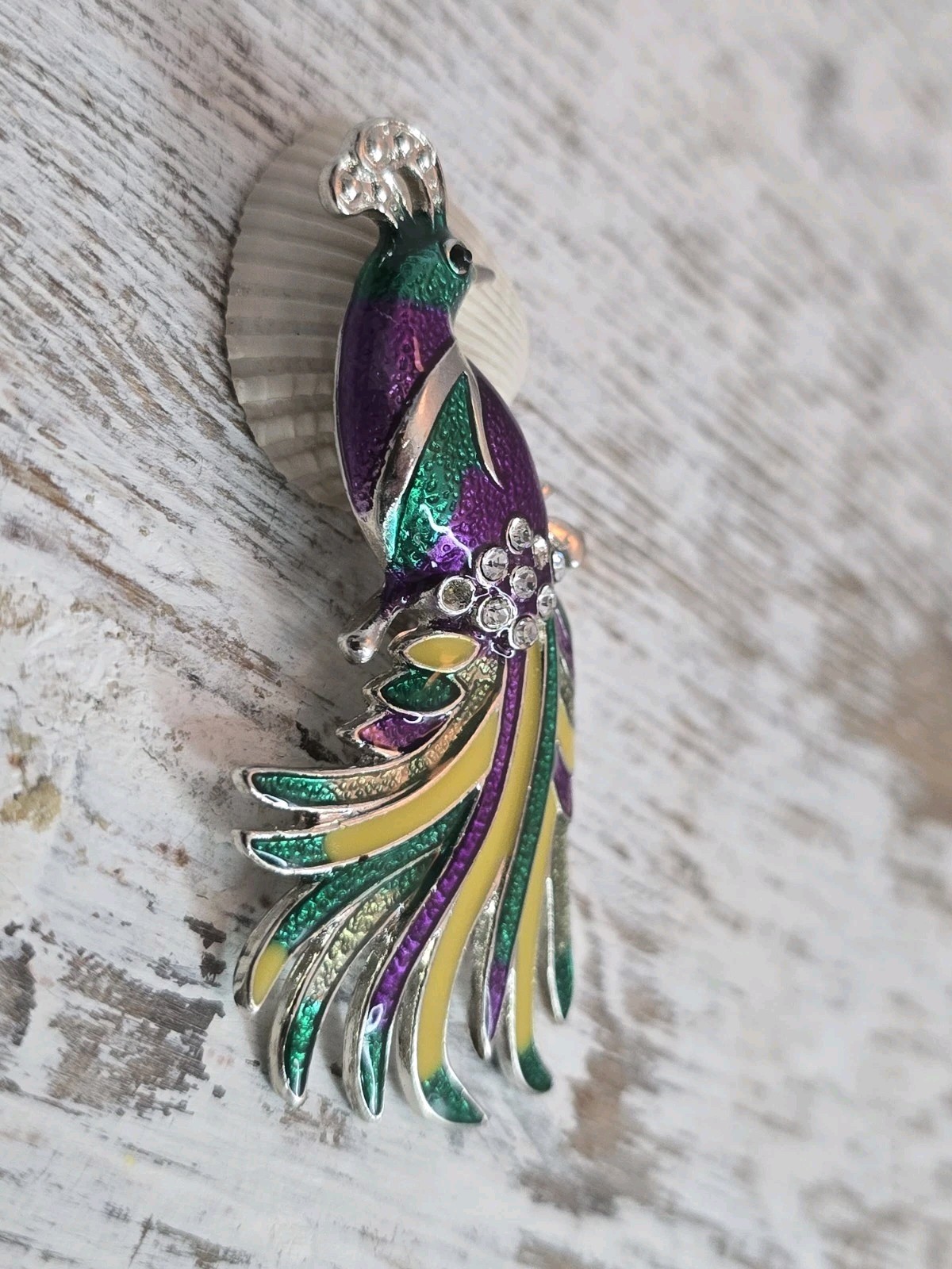 Peacock Bird Animal Brooch Purple Green Yellow Enamel Rhinestone Pin READ #194