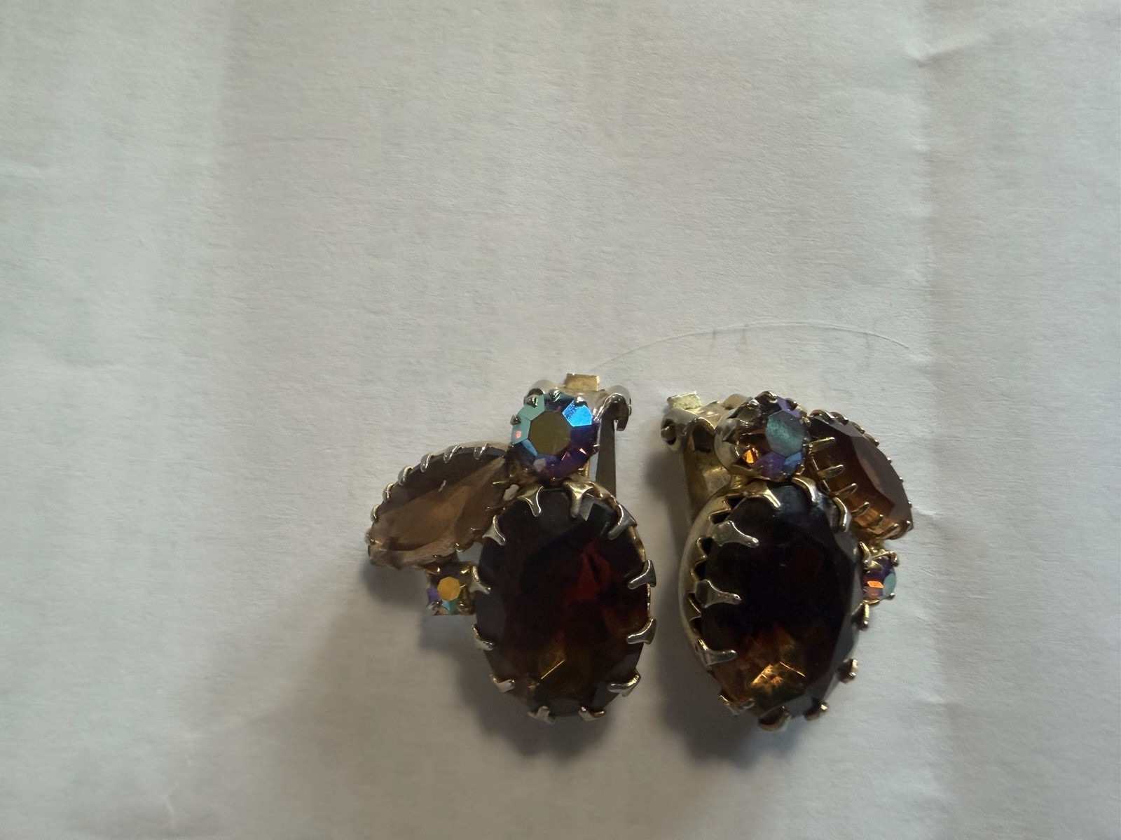 Amber Colored Crystal and Ab Clip On Earrings Gold Tone Vintage