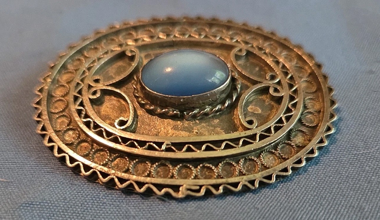 Vintage Sterling Silver Brooch Marked Israel With Blue Calchony Stone