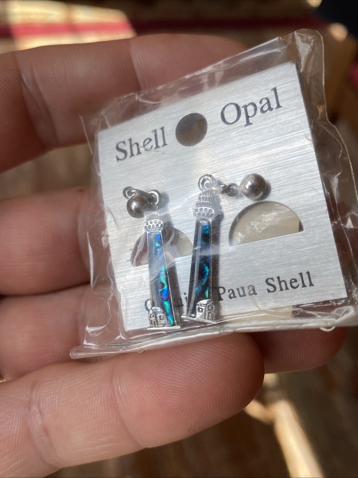 LIGHTHOUSE Blue Paua Shell Dangle Earrings Abalone Inlay Silver Tone Pierced NEW