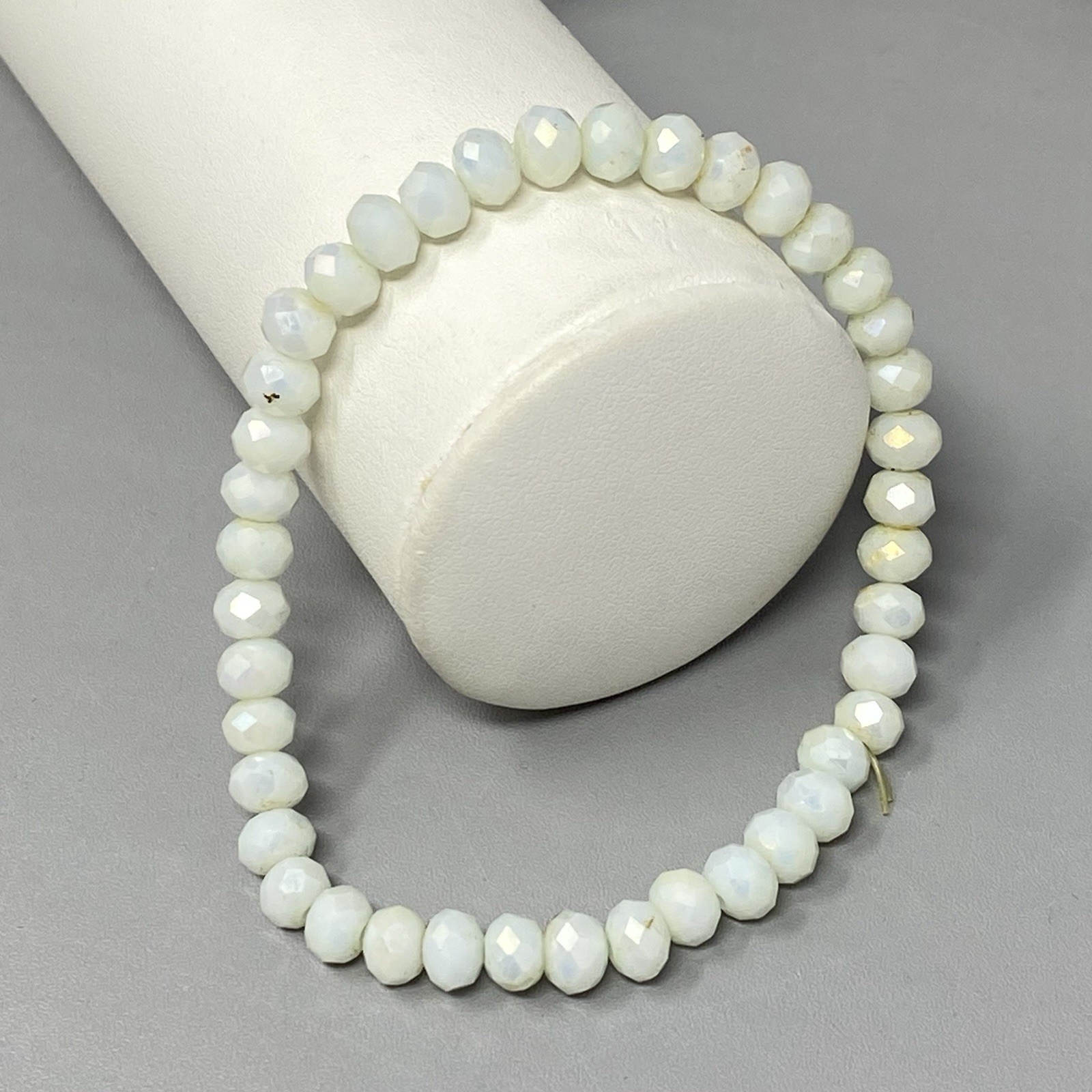 White Glass Bead Bracelet Stretch Faceted Fire Polished Surface Coated 7″