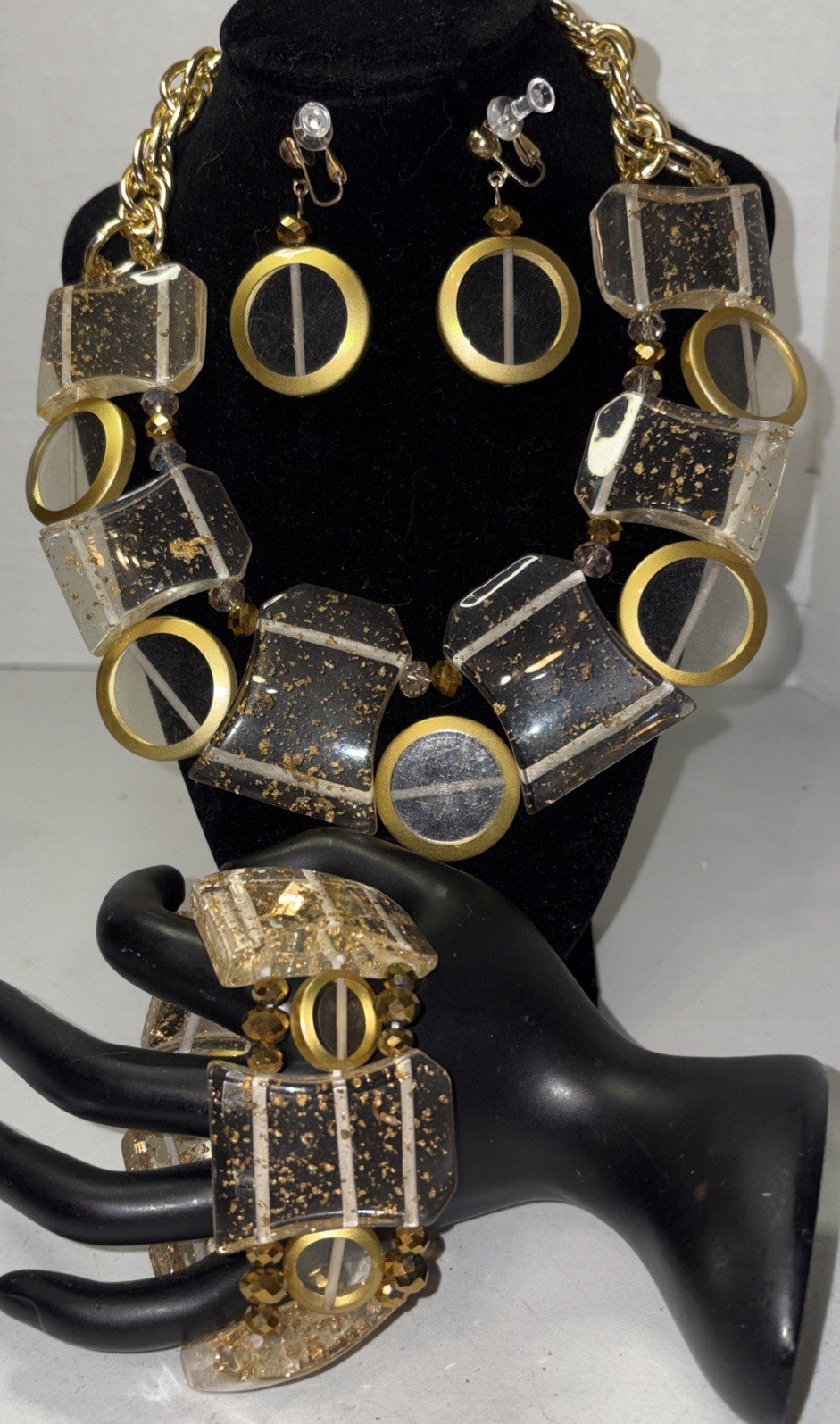 Vintage Chunky Statement Clear Lucite With Gold Flecks Demi Parure Set